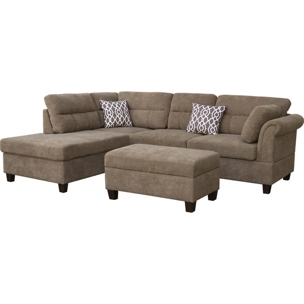 Ari 104 Inch Sectional Sofa with Chaise, Ottoman, 2 Accent Pillows, Brown By Casagear Home