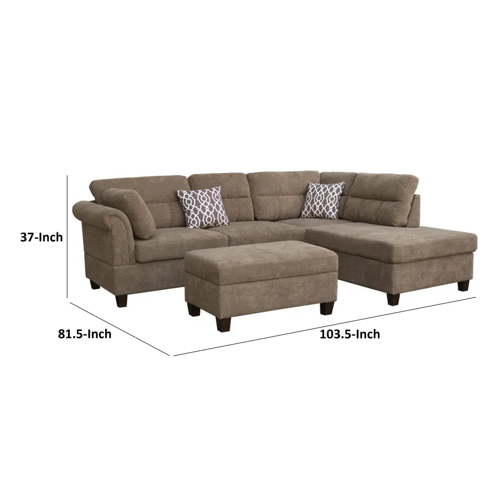 Ari 104 Inch Sectional Sofa with Chaise, Ottoman, 2 Accent Pillows, Brown By Casagear Home