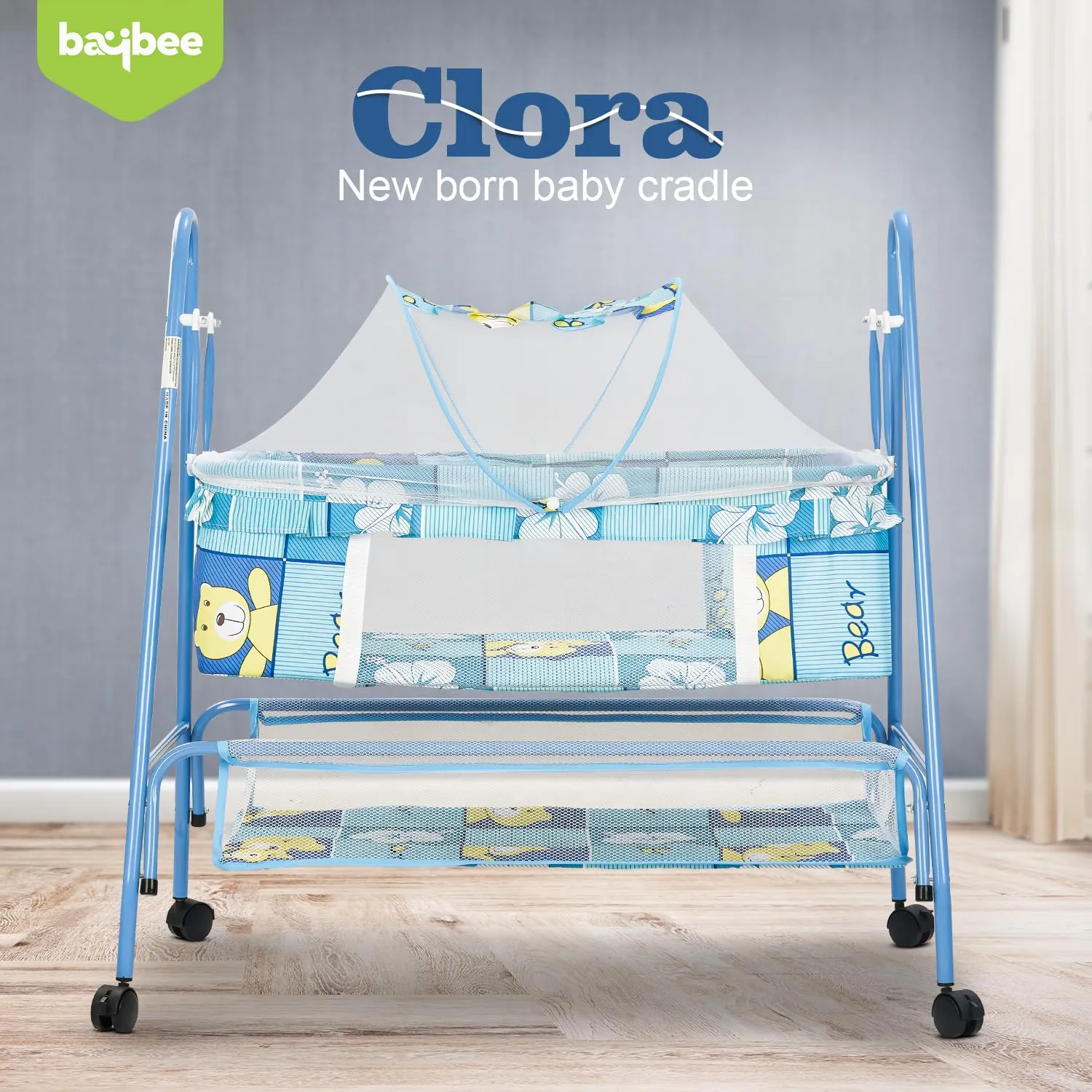 BAYBEE Breezy Baby Swing Cradle for Baby, Jhula Palna for New Born Babies, Baby Bedding Set with Mosquito Net & Storage Basket | Baby Sleeping Swing Cradle for 0 to 12 Month Boys Girls