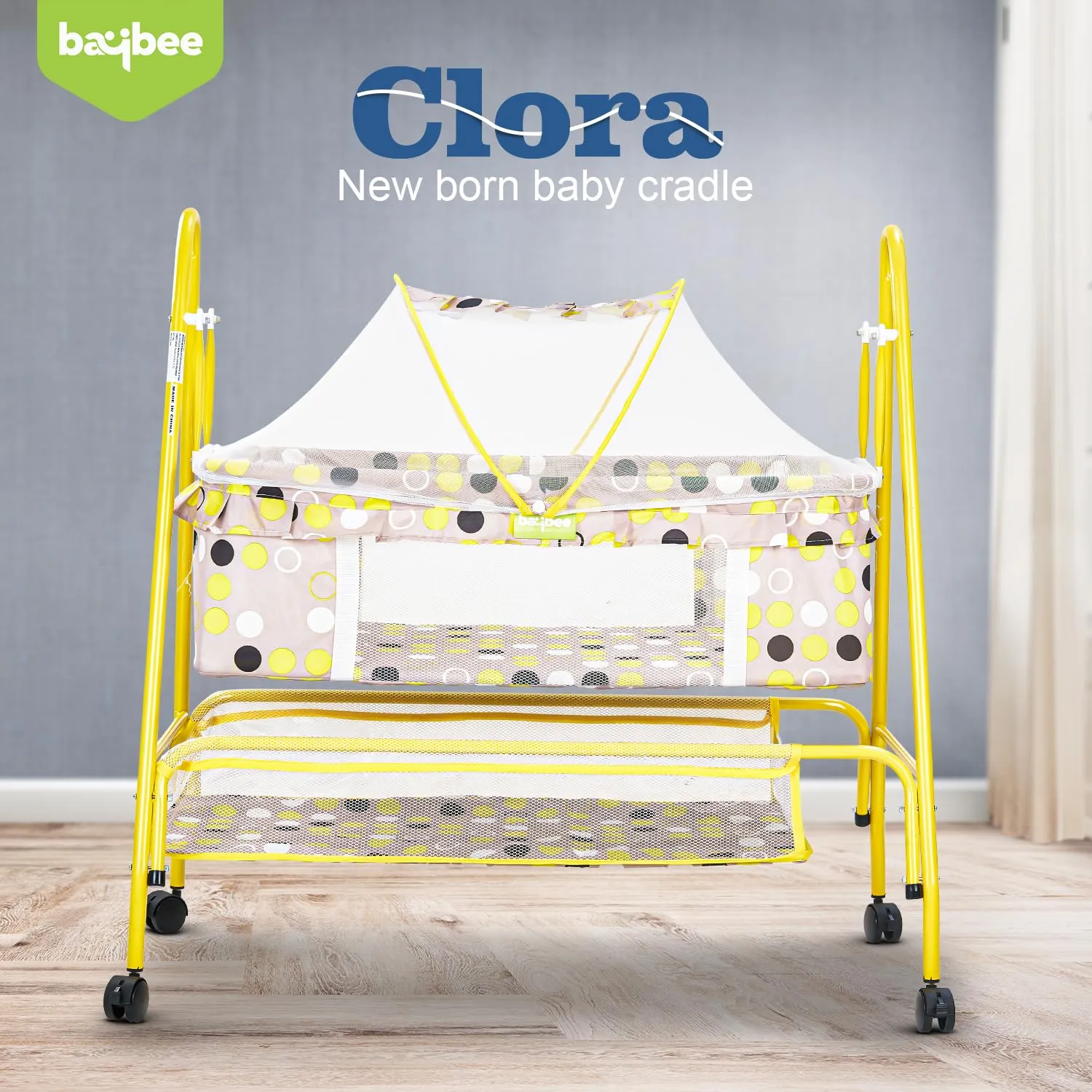 BAYBEE Breezy Baby Swing Cradle for Baby, Jhula Palna for New Born Babies, Baby Bedding Set with Mosquito Net & Storage Basket | Baby Sleeping Swing Cradle for 0 to 12 Month Boys Girls