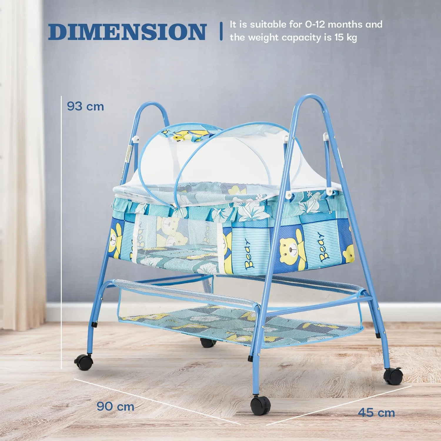 BAYBEE Breezy Baby Swing Cradle for Baby, Jhula Palna for New Born Babies, Baby Bedding Set with Mosquito Net & Storage Basket | Baby Sleeping Swing Cradle for 0 to 12 Month Boys Girls
