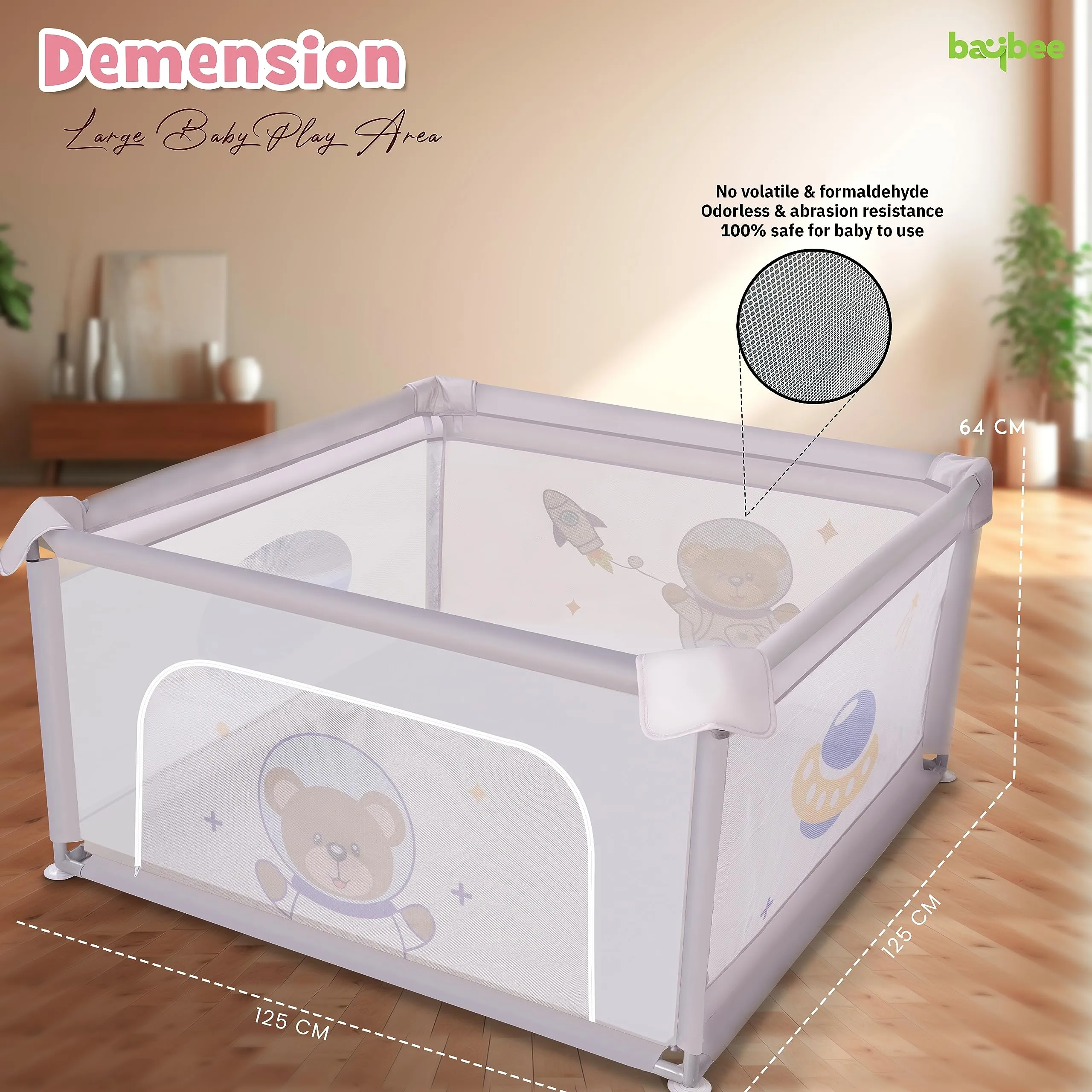 Baybee Playard Playpen for Kids, Smart Folding & Portable Baby Activity with Safety Lock & Suction Cup, Play Gate Fence for Toddlers -Indoor Activity Suitable for Boys & Girls - 125 * 125CM