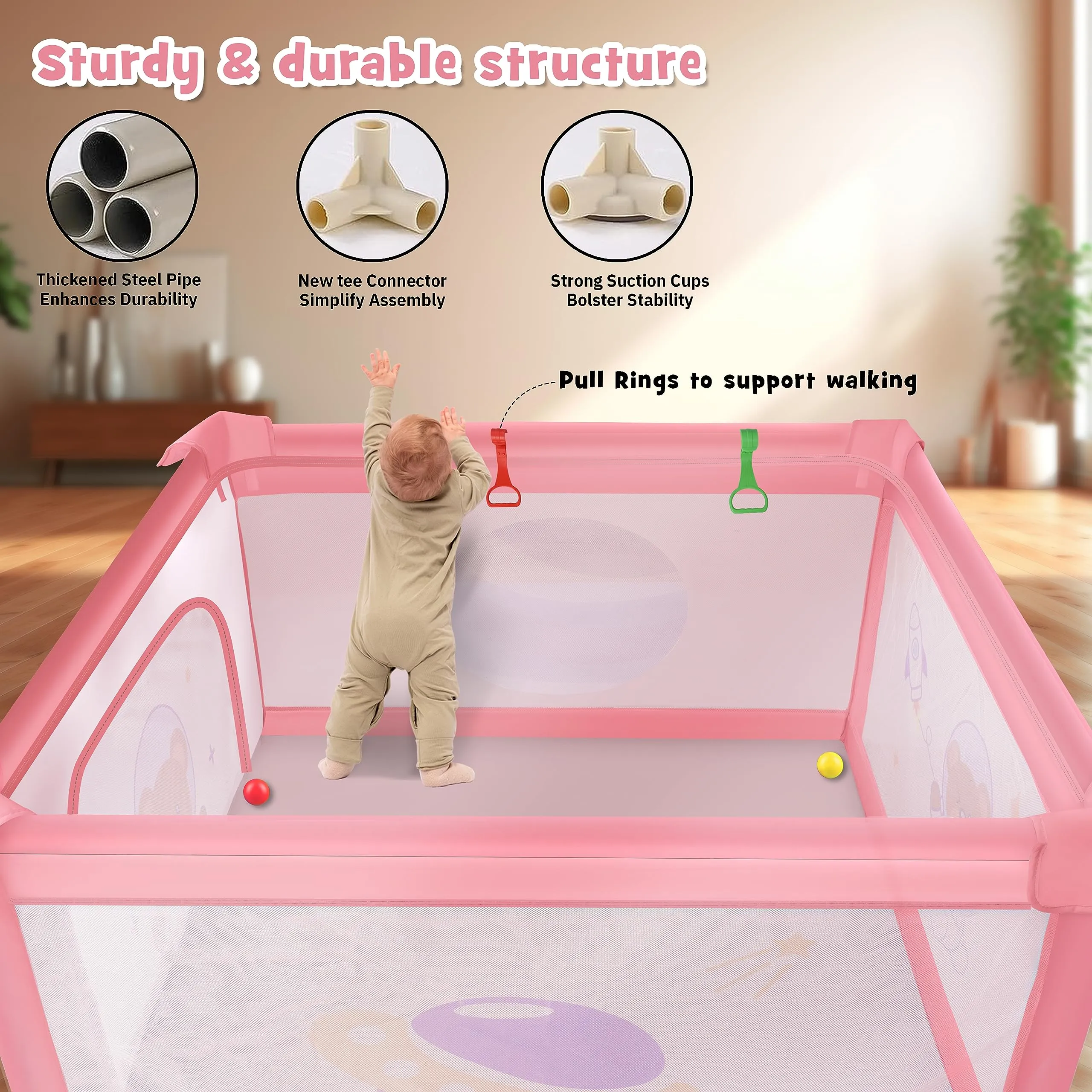 Baybee Playard Playpen for Kids, Smart Folding & Portable Baby Activity with Safety Lock & Suction Cup, Play Gate Fence for Toddlers -Indoor Activity Suitable for Boys & Girls - 125 * 125CM