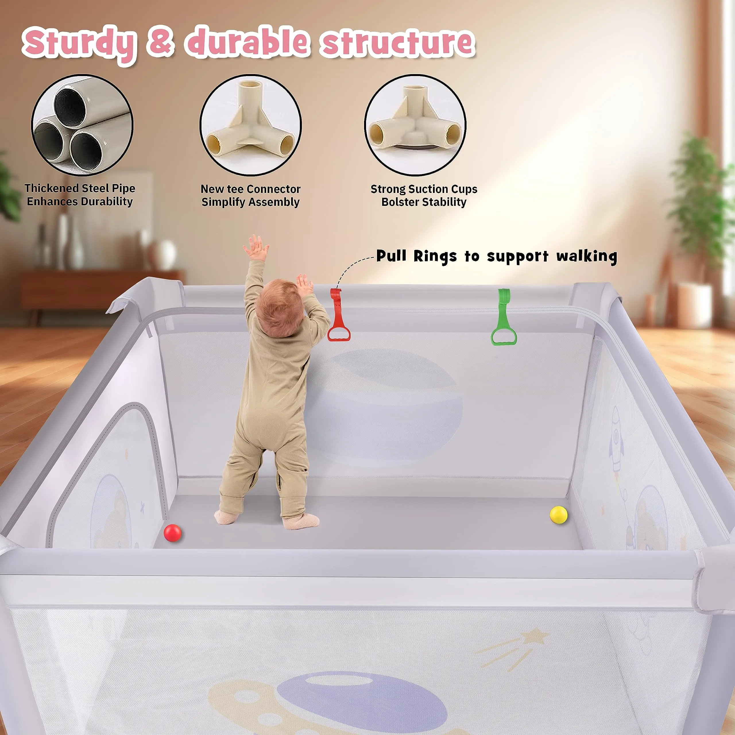 Baybee Playard Playpen for Kids, Smart Folding & Portable Baby Activity with Safety Lock & Suction Cup, Play Gate Fence for Toddlers -Indoor Activity Suitable for Boys & Girls - 125 * 125CM