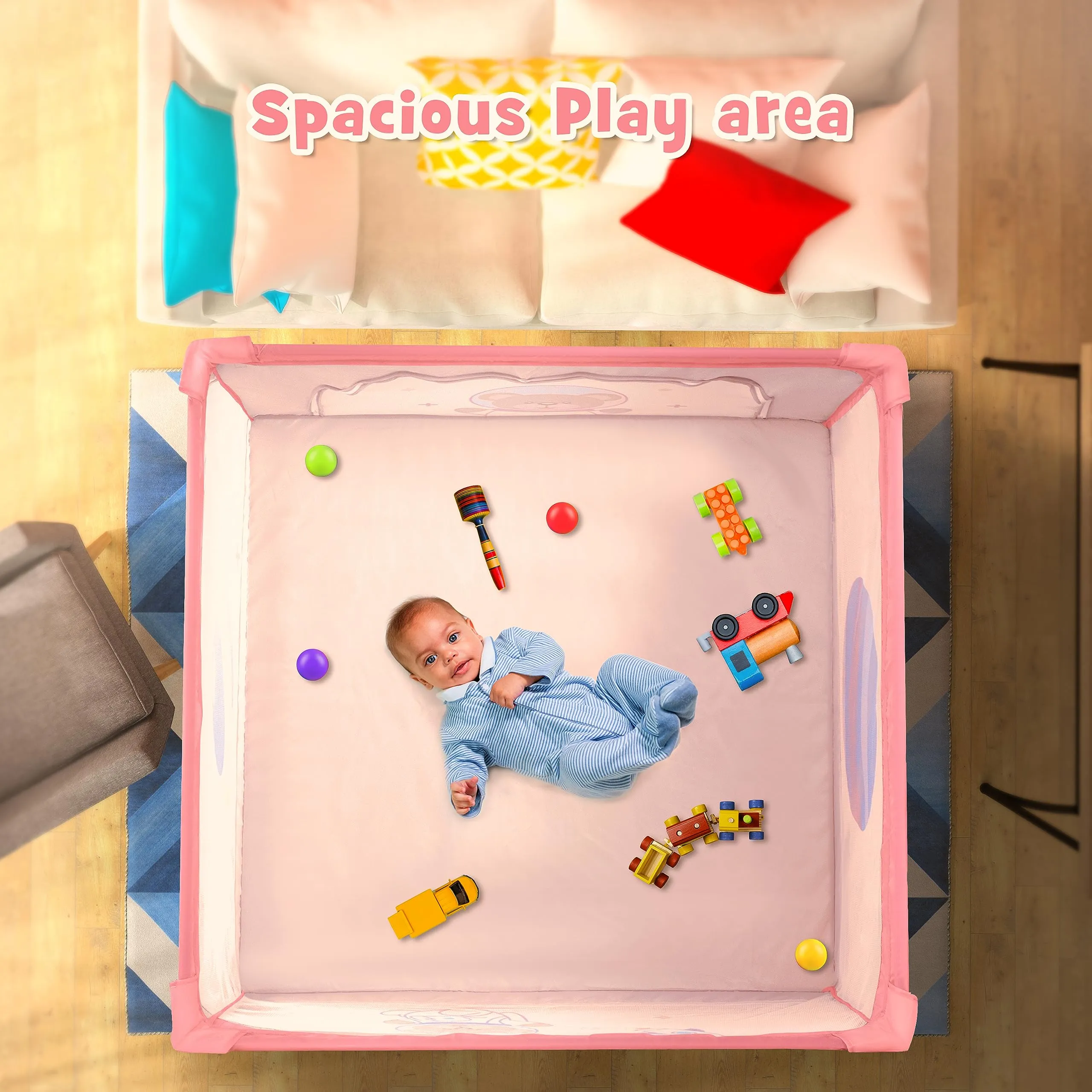 Baybee Playard Playpen for Kids, Smart Folding & Portable Baby Activity with Safety Lock & Suction Cup, Play Gate Fence for Toddlers -Indoor Activity Suitable for Boys & Girls - 125 * 125CM