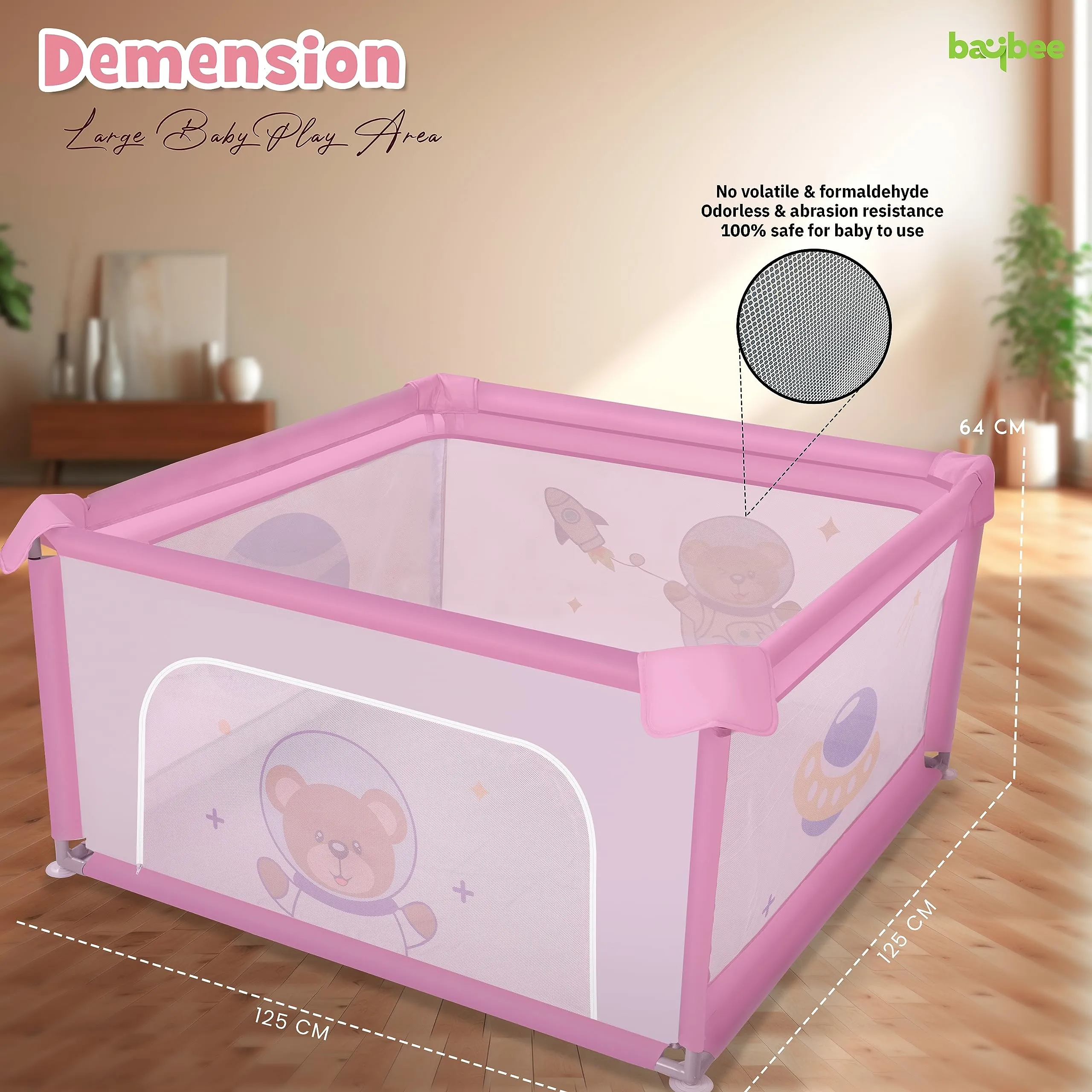 Baybee Playard Playpen for Kids, Smart Folding & Portable Baby Activity with Safety Lock & Suction Cup, Play Gate Fence for Toddlers -Indoor Activity Suitable for Boys & Girls - 125 * 125CM
