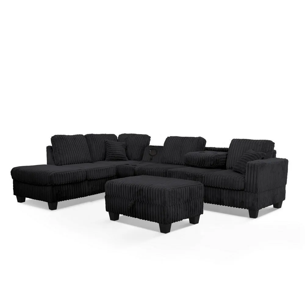 Ega 81 Inch Sectional Sofa, Chaise, Ottoman, Bluetooth Speakers, Black By Casagear Home