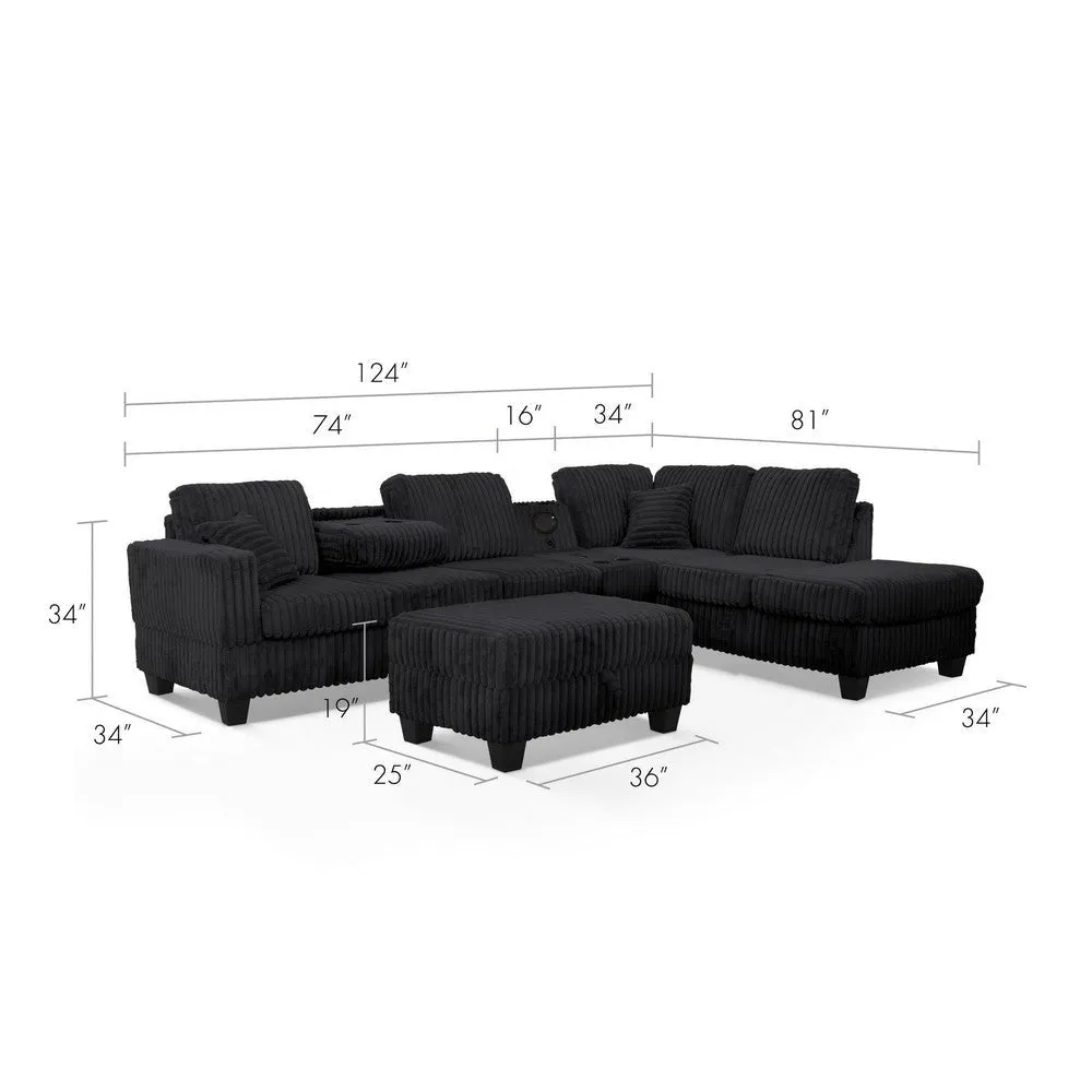 Ega 81 Inch Sectional Sofa, Chaise, Ottoman, Bluetooth Speakers, Black By Casagear Home