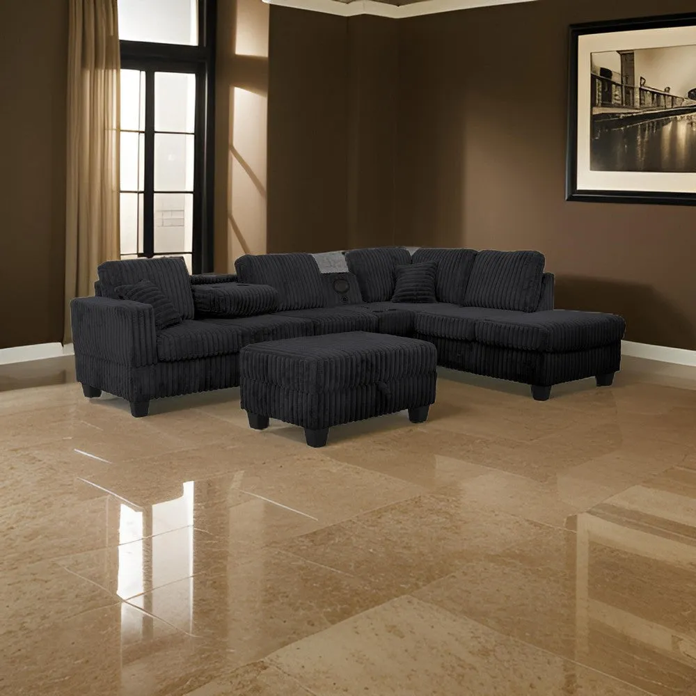 Ega 81 Inch Sectional Sofa, Chaise, Ottoman, Bluetooth Speakers, Black By Casagear Home