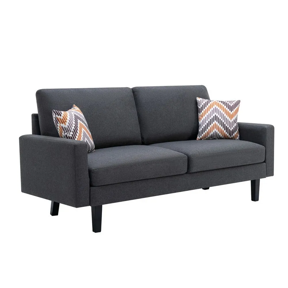 Gala Sofa, Smooth Dark Gray Linen Fabric, 2 Pillows, Black Solid Wood Frame By Casagear Home