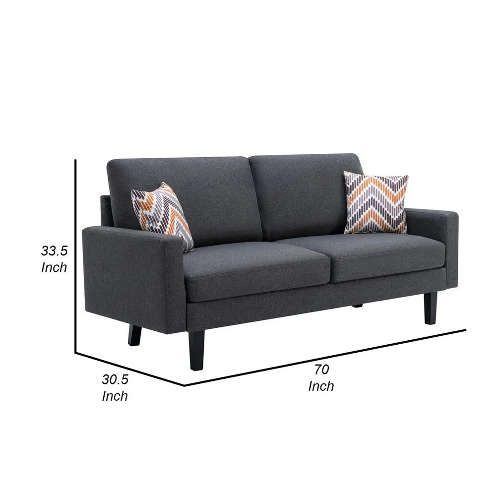 Gala Sofa, Smooth Dark Gray Linen Fabric, 2 Pillows, Black Solid Wood Frame By Casagear Home