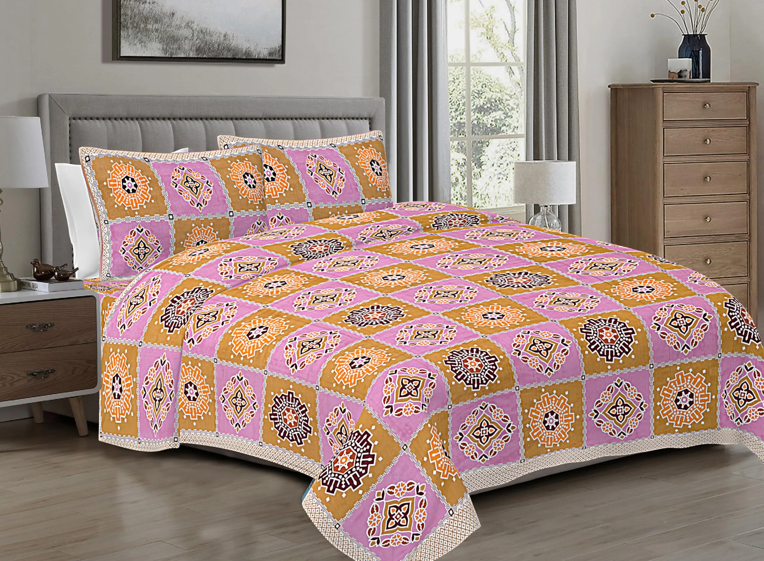 HZAR ART King Size Premium 100% Cotton Bedsheet for Double Bed with 2 Pillow Covers | 280 TC Flat Sheet | Jaipuri Print Double BedSheet Cotton (Chokda,90 X 108 Inches) SBS40