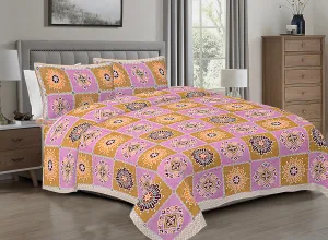 HZAR ART King Size Premium 100% Cotton Bedsheet for Double Bed with 2 Pillow Covers | 280 TC Flat Sheet | Jaipuri Print Double BedSheet Cotton (Chokda,90 X 108 Inches) SBS40