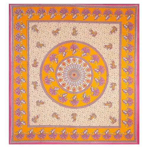 HZAR ART Queen Size Premium 100% Cotton Bedsheet for Double Bed with 2 Pillow Covers | 240 TC Flat Sheet | Jaipuri Print Double BedSheet Cotton (Tangerine,90 X 100 Inches) SSBS104