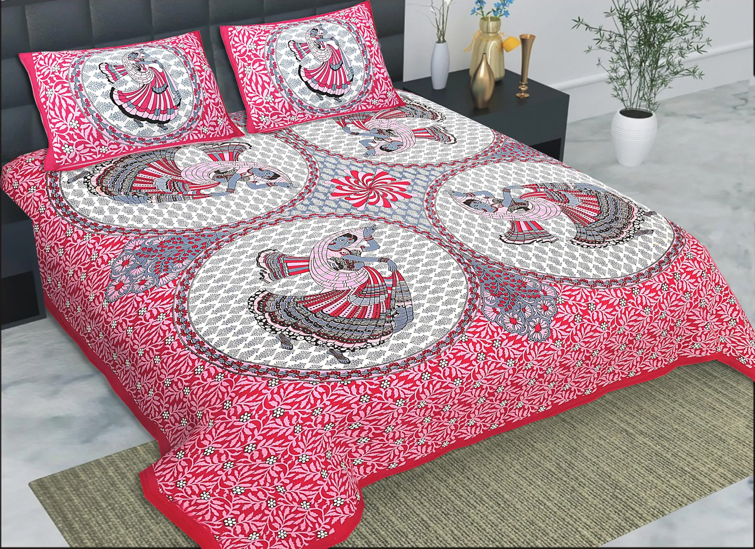 HZAR ART Queen Size Premium 100% Cotton Bedsheet for Double Bed with 2 Pillow Covers | 240 TC Flat Sheet | Jaipuri Print Double BedSheet Cotton(Buti Print,90 X 100 Inches) SSBS118