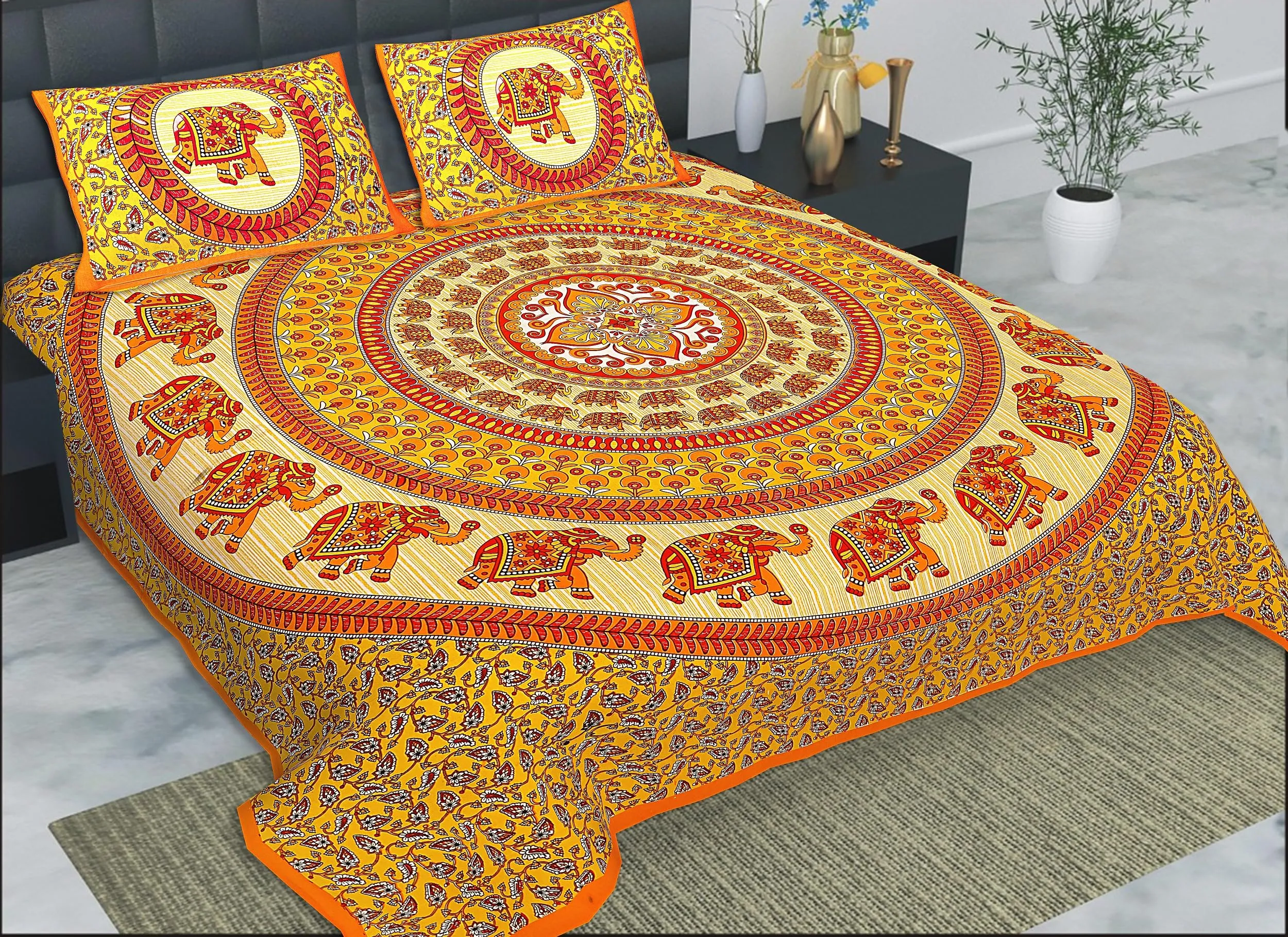 HZAR ART Queen Size Premium 100% Cotton Bedsheet for Double Bed with 2 Pillow Covers | 240 TC Flat Sheet | Jaipuri Print Double BedSheet Cotton(Elephant Print,90 X 100 Inches) SSBS112