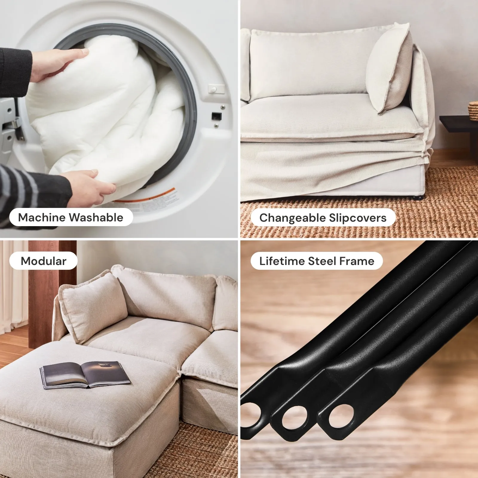 Modular Washable 6-Seater Open-Ends U-Sectional   Ottoman in Caviar | Memorix  Seat | Cloud Pillow
