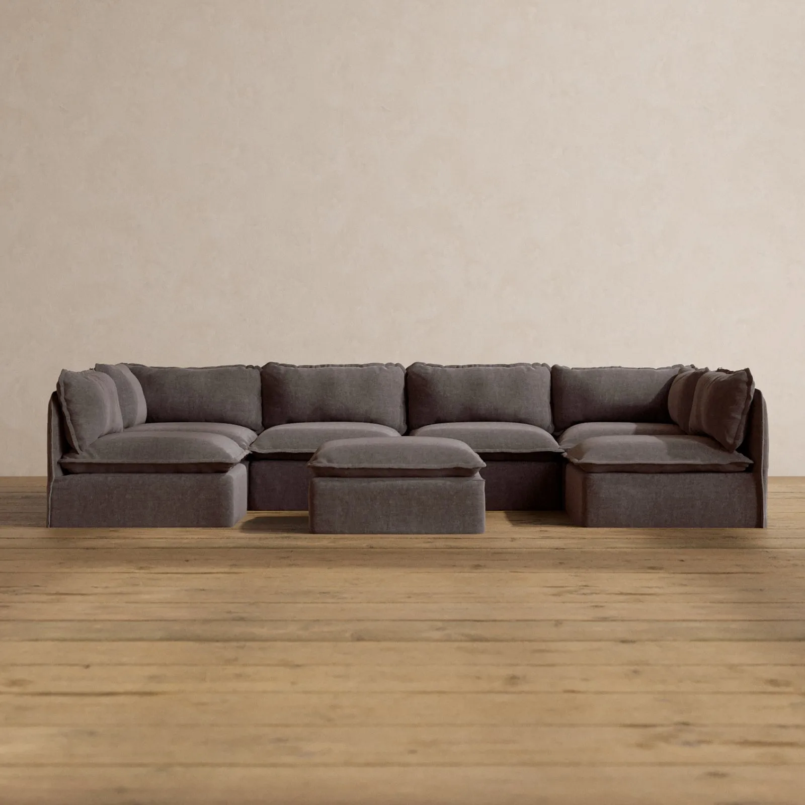 Modular Washable 6-Seater Open-Ends U-Sectional   Ottoman in Caviar | Memorix  Seat | Cloud Pillow