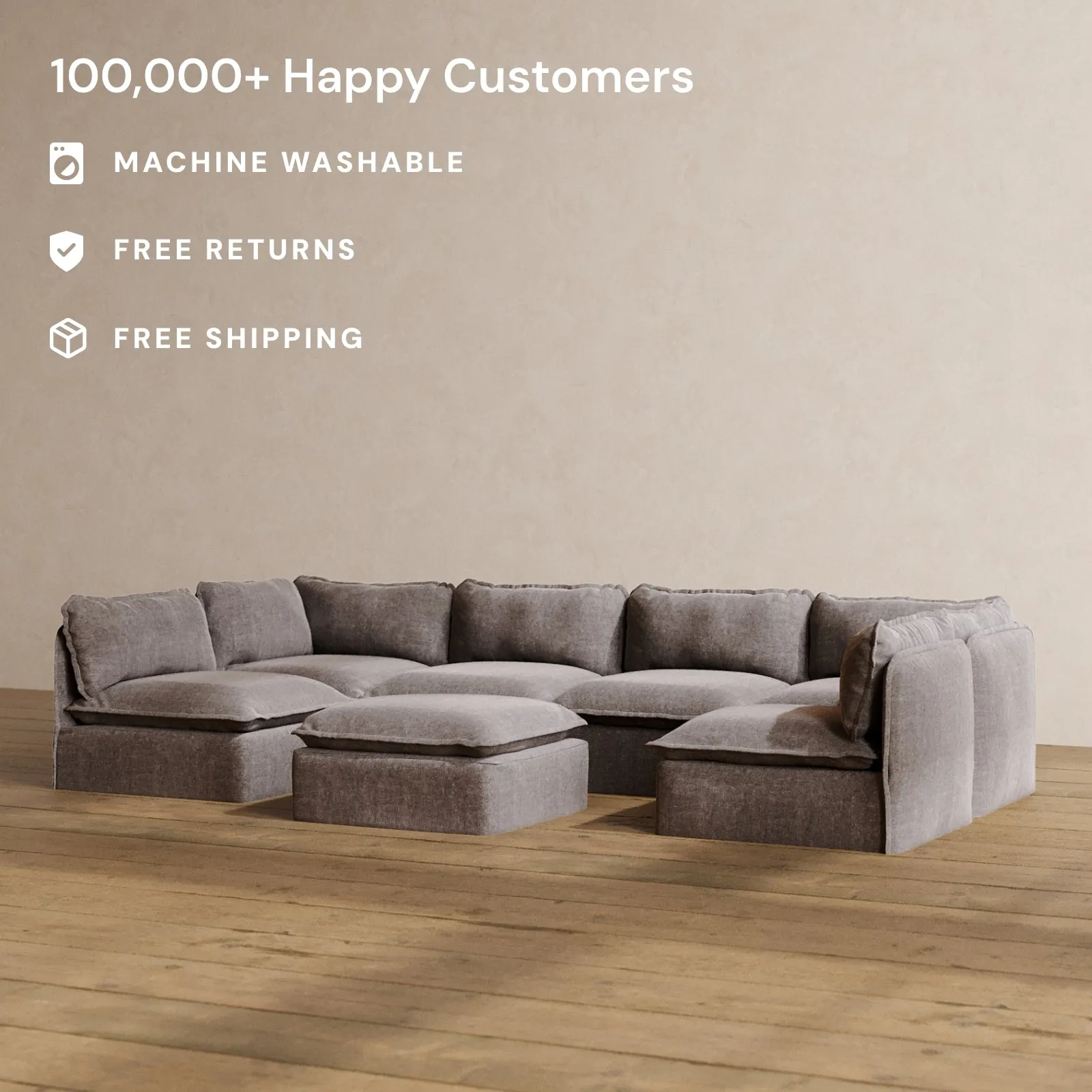 Modular Washable 6-Seater Open-Ends U-Sectional   Ottoman in Caviar | Memorix  Seat | Cloud Pillow