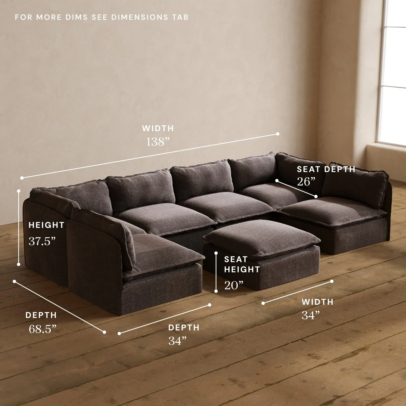 Modular Washable 6-Seater Open-Ends U-Sectional   Ottoman in Caviar | Memorix  Seat | Cloud Pillow