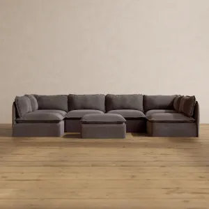 Modular Washable 6-Seater Open-Ends U-Sectional   Ottoman in Caviar | Memorix  Seat | Cloud Pillow