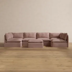 Modular Washable 6-Seater Open-Ends U-Sectional   Ottoman in Sakura | Deluxe  Seat | Cloud Pillow