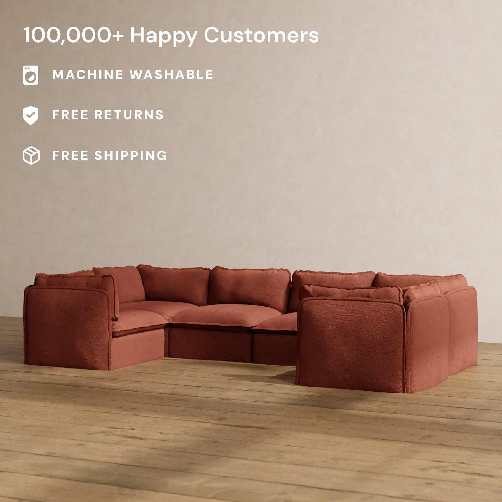 Modular Washable 6-Seater U-Sectional in Rust | Memorix  Seat | Cloud Pillow