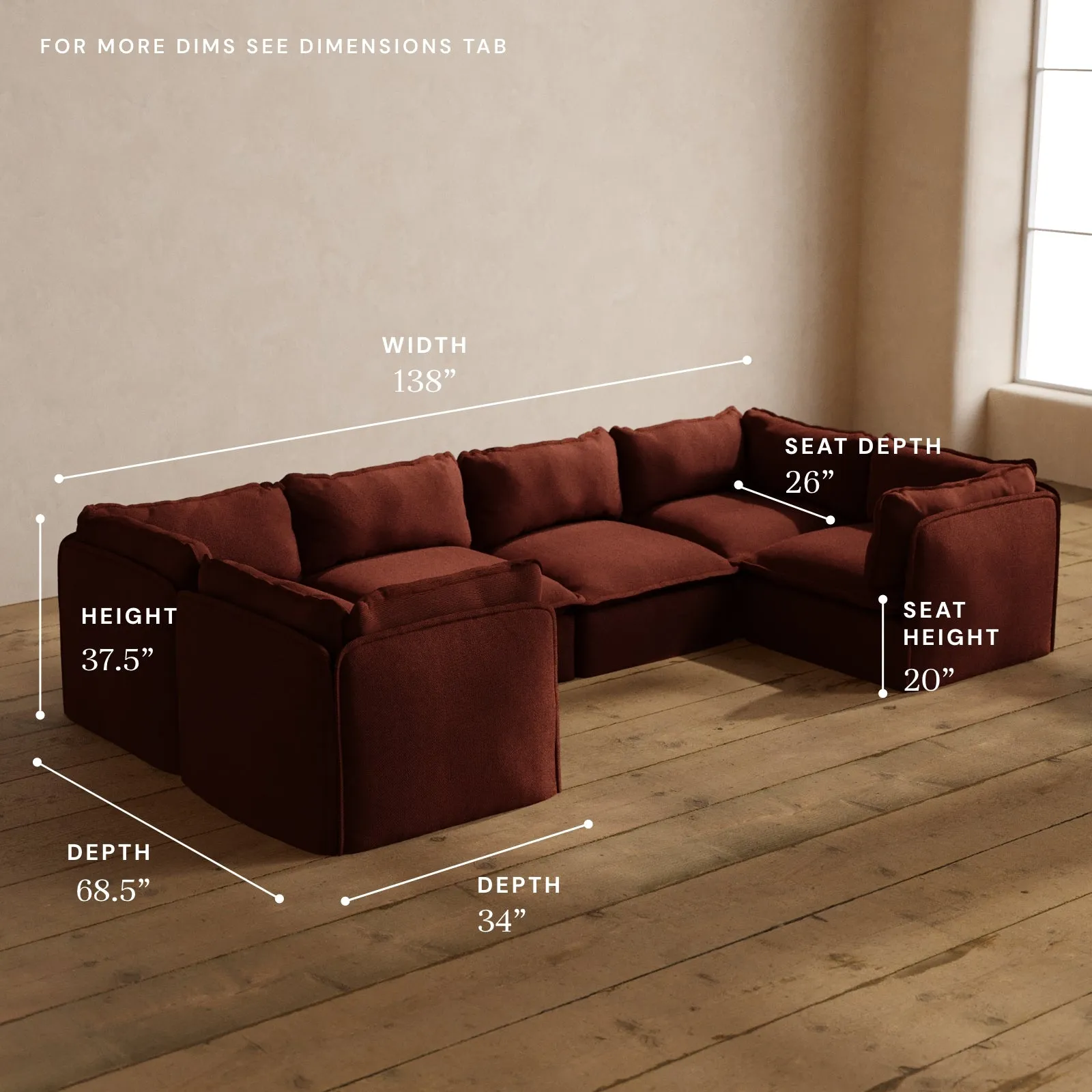 Modular Washable 6-Seater U-Sectional in Rust | Memorix  Seat | Cloud Pillow