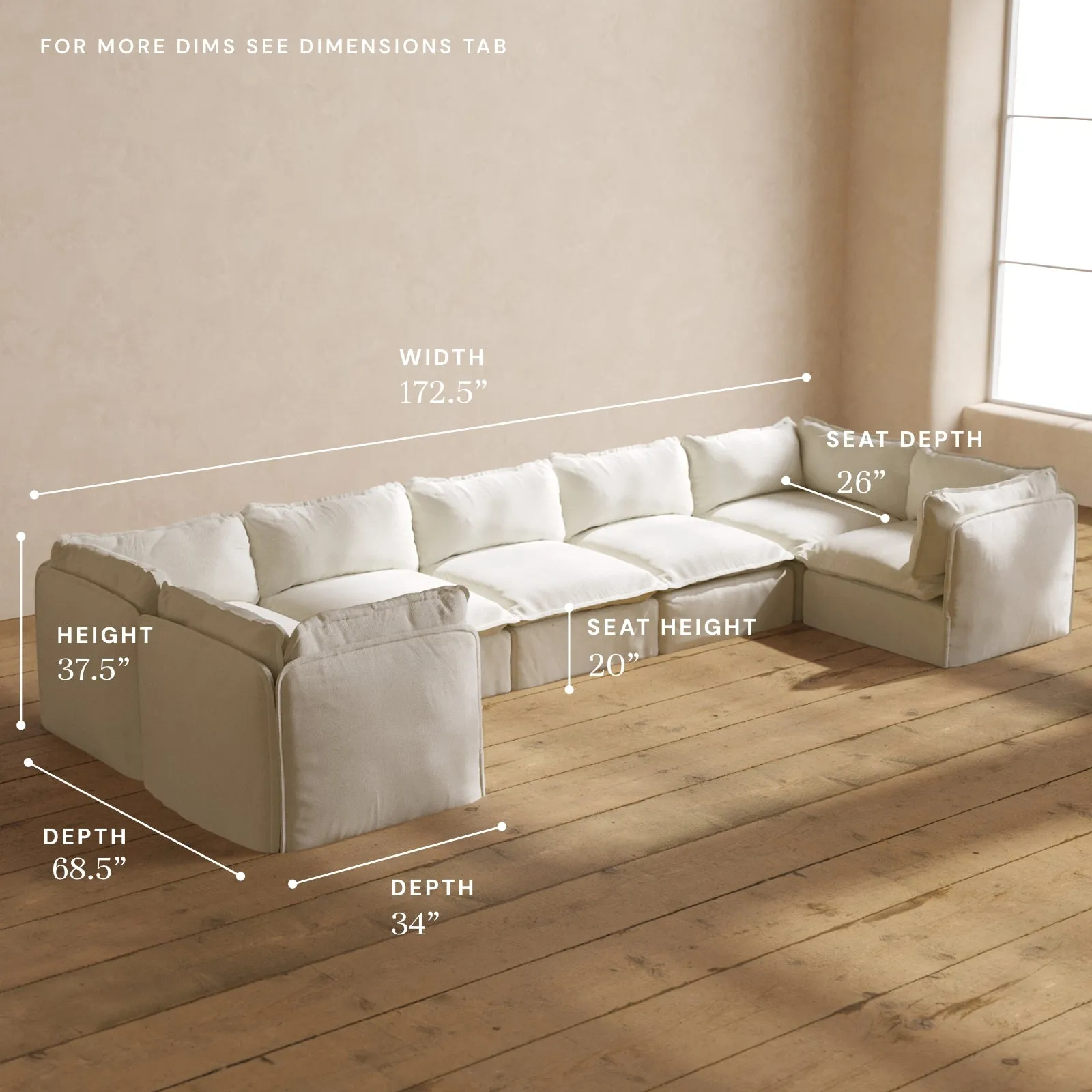 Modular Washable 7-Seater U-Sectional in Eggshell | Deluxe  Seat | Contour Pillow