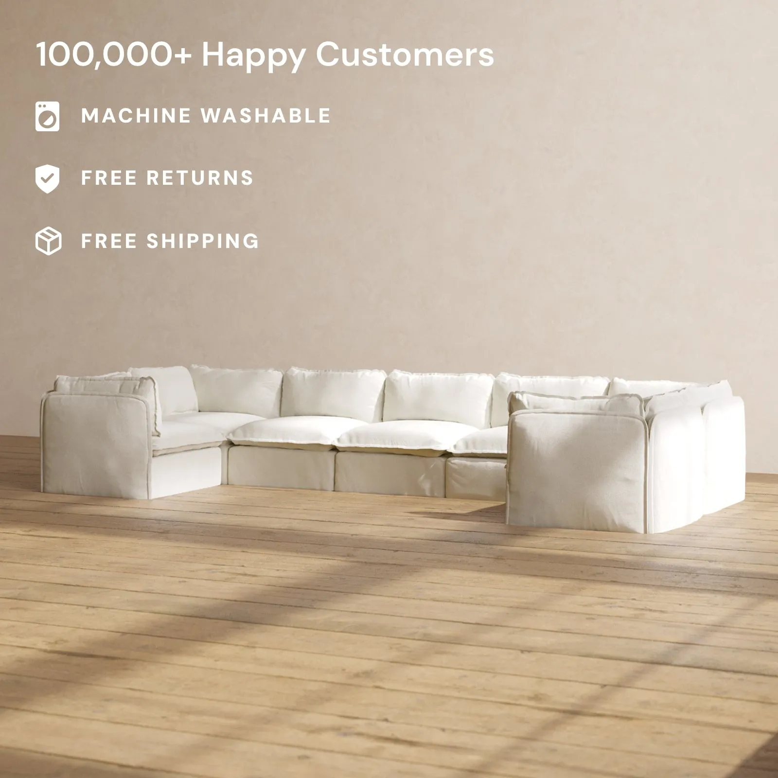 Modular Washable 7-Seater U-Sectional in Eggshell | Deluxe  Seat | Contour Pillow