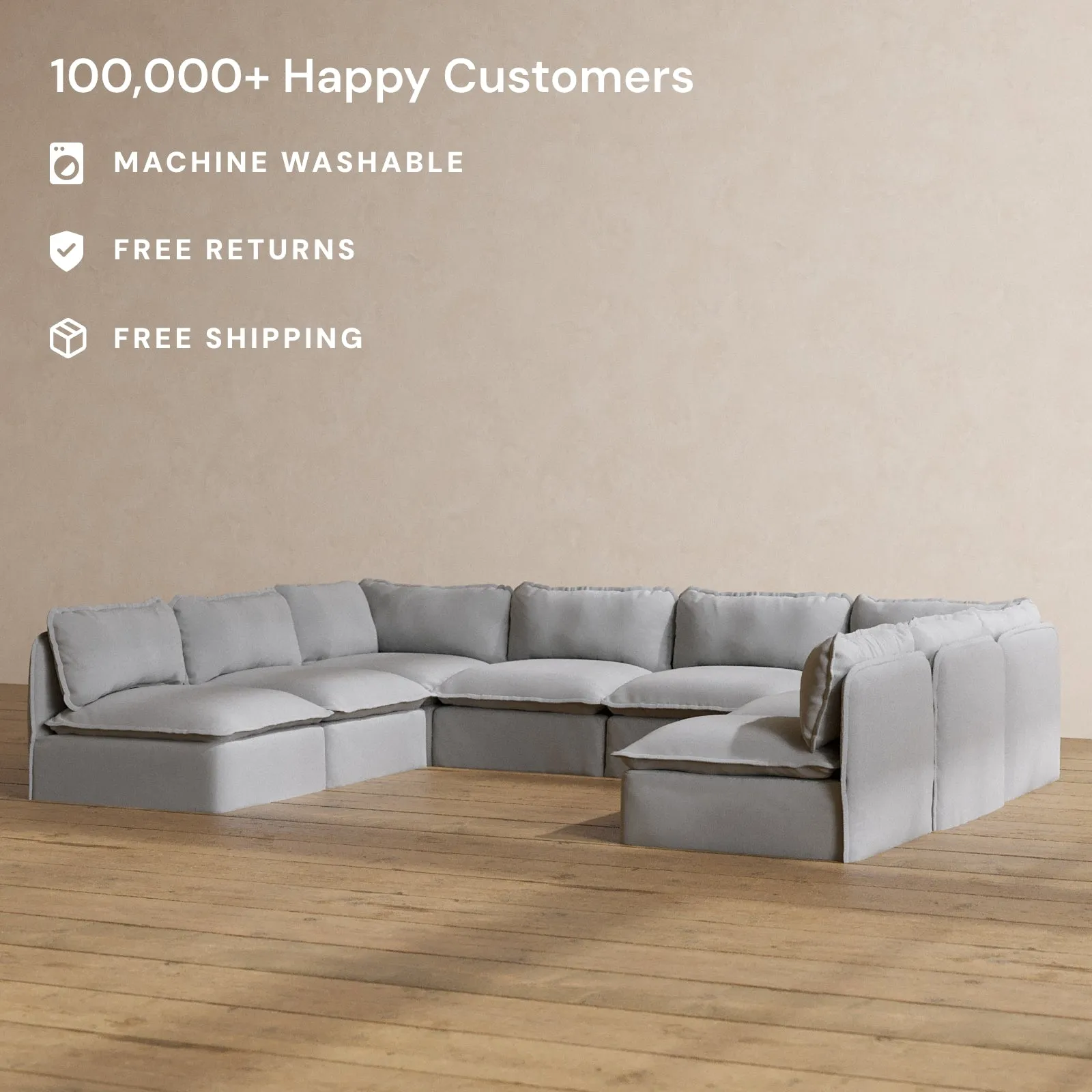 Modular Washable 8-Seater Open-Ends U-Sectional in Pumice | Deluxe  Seat | Contour Pillow