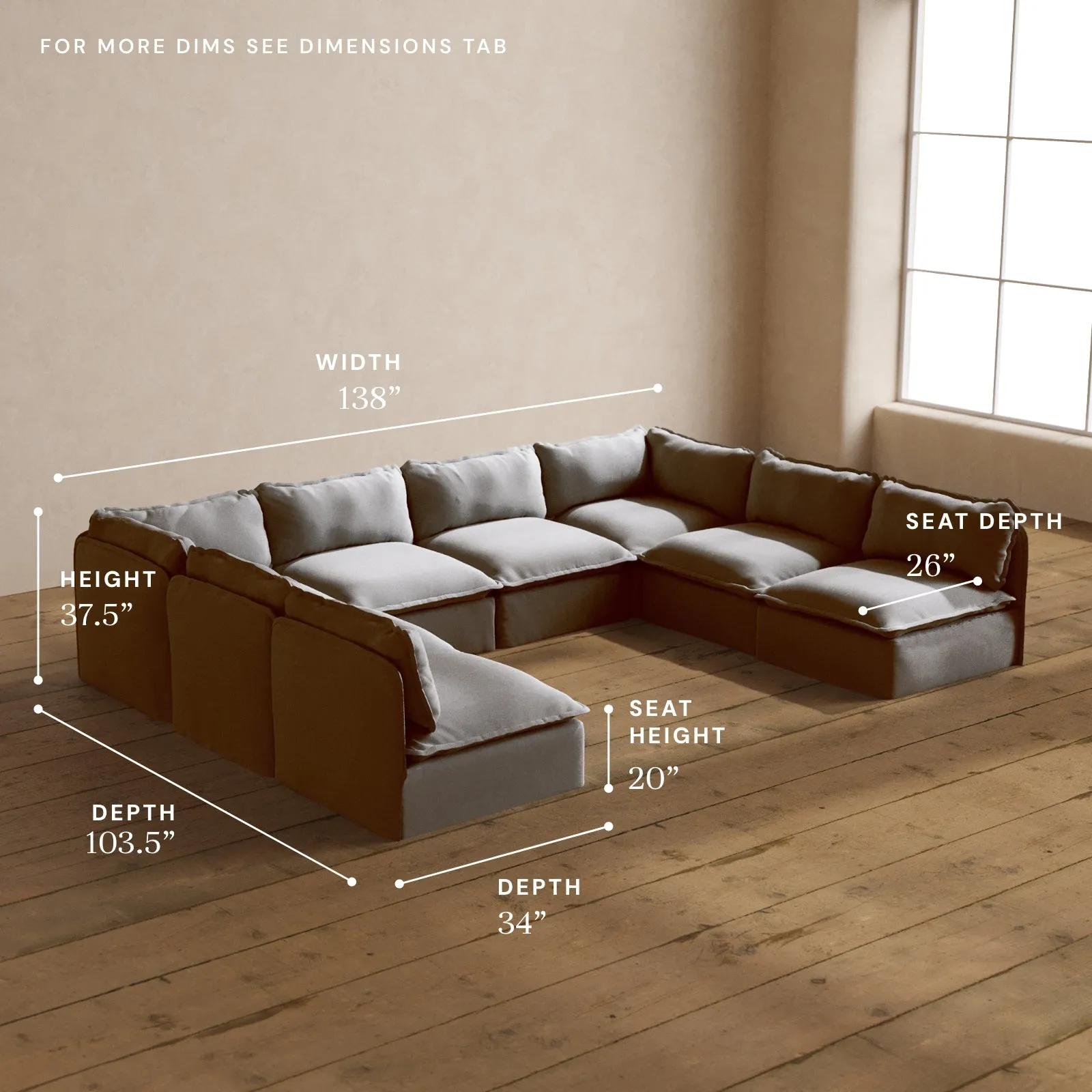 Modular Washable 8-Seater Open-Ends U-Sectional in Pumice | Deluxe  Seat | Contour Pillow