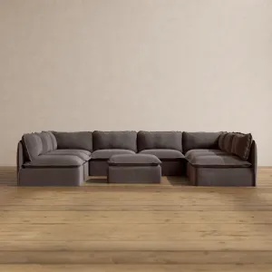 Modular Washable 8-Seater Open-Ends U-Sectional   Ottoman in Caviar | Memorix  Seat | Cloud Pillow