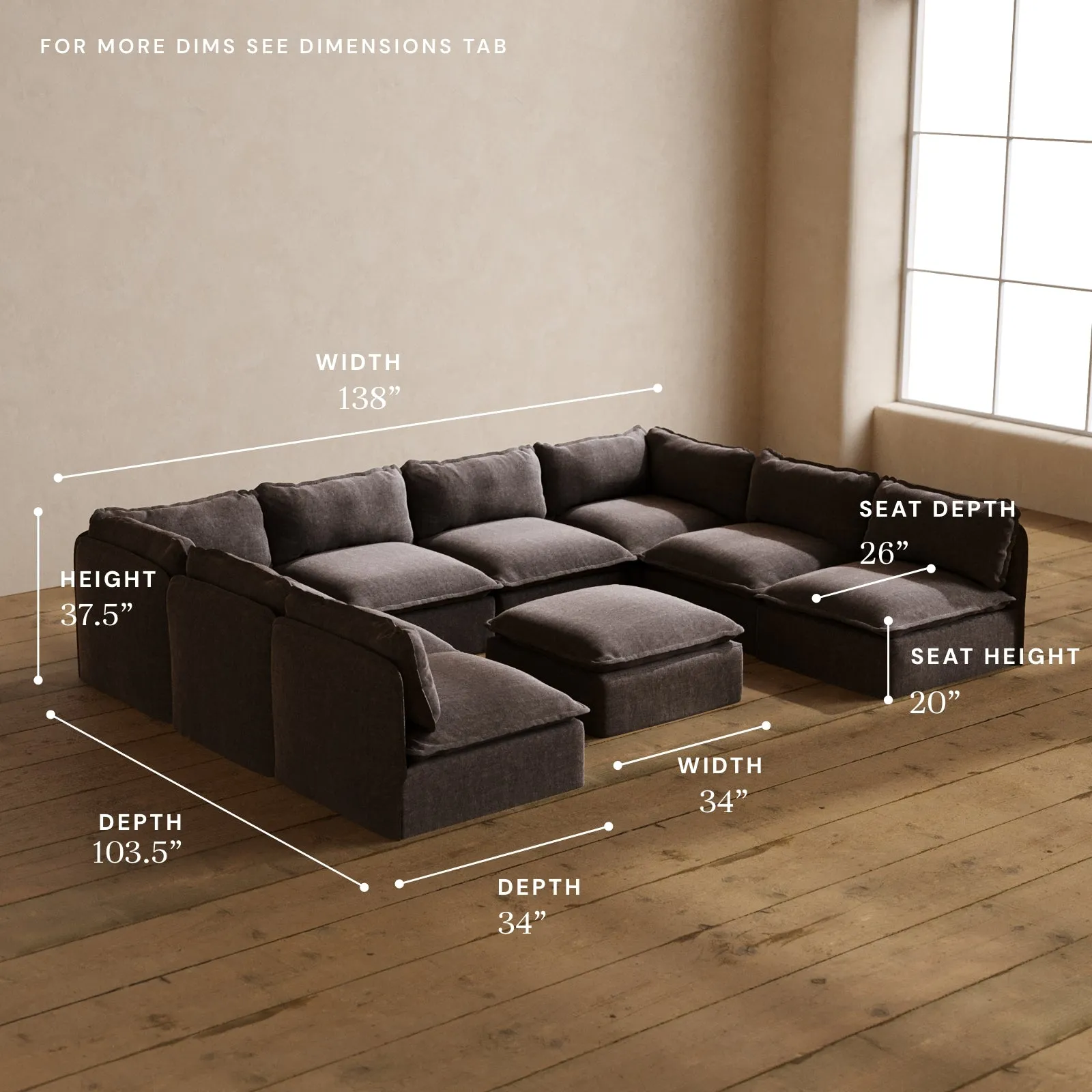 Modular Washable 8-Seater Open-Ends U-Sectional   Ottoman in Caviar | Memorix  Seat | Cloud Pillow