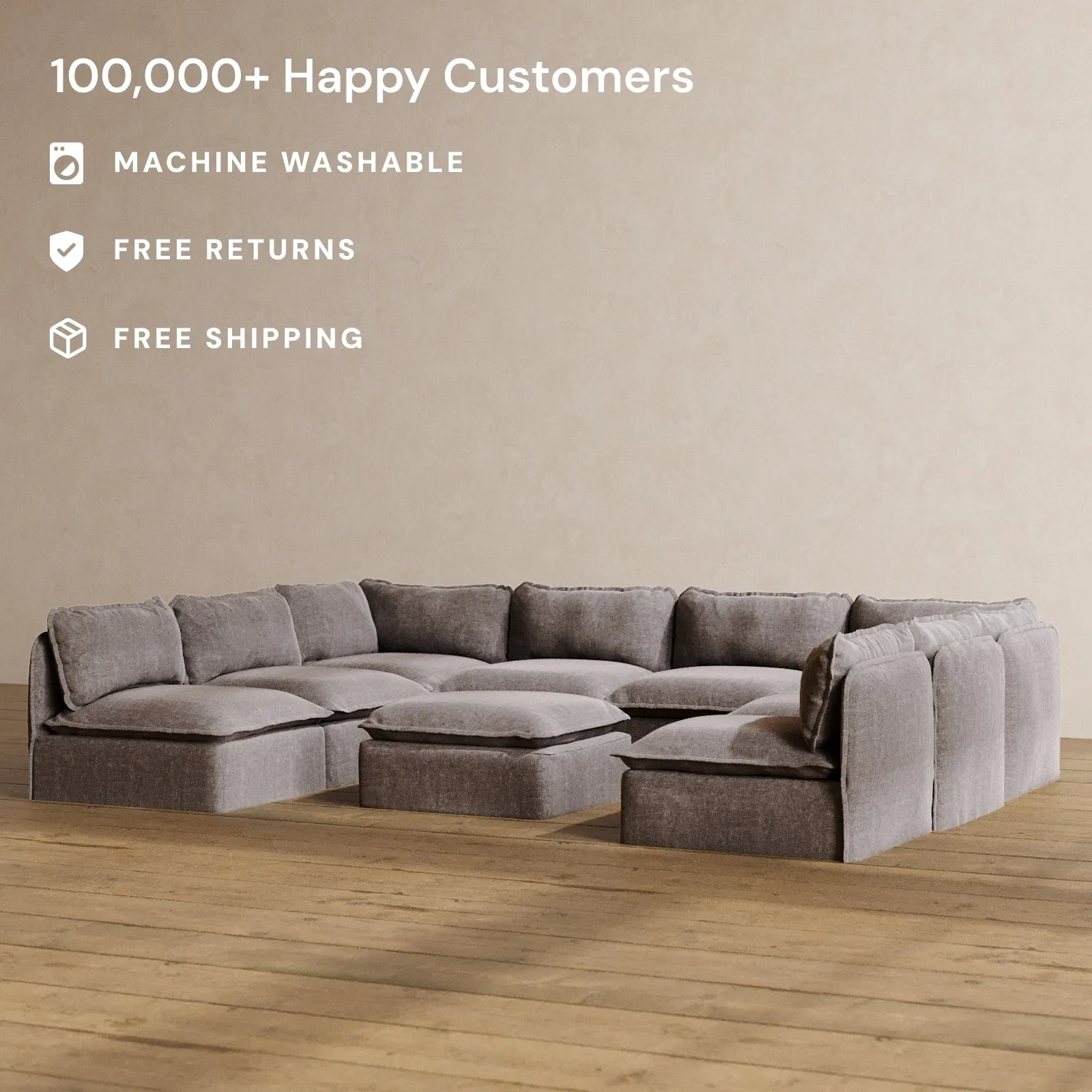 Modular Washable 8-Seater Open-Ends U-Sectional   Ottoman in Caviar | Memorix  Seat | Cloud Pillow