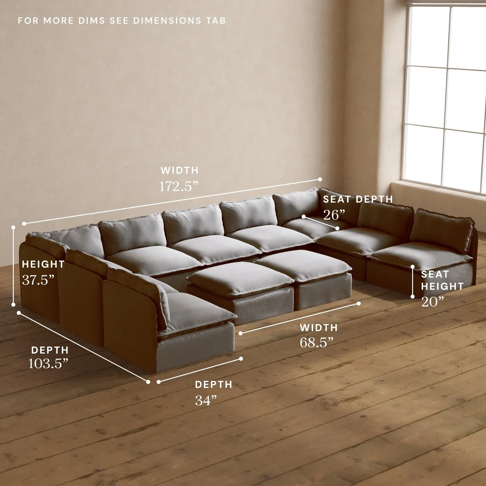 Modular Washable 9-Seater Open-Ends U-Sectional   Bench Ottoman in Pumice | Deluxe  Seat | Contour Pillow