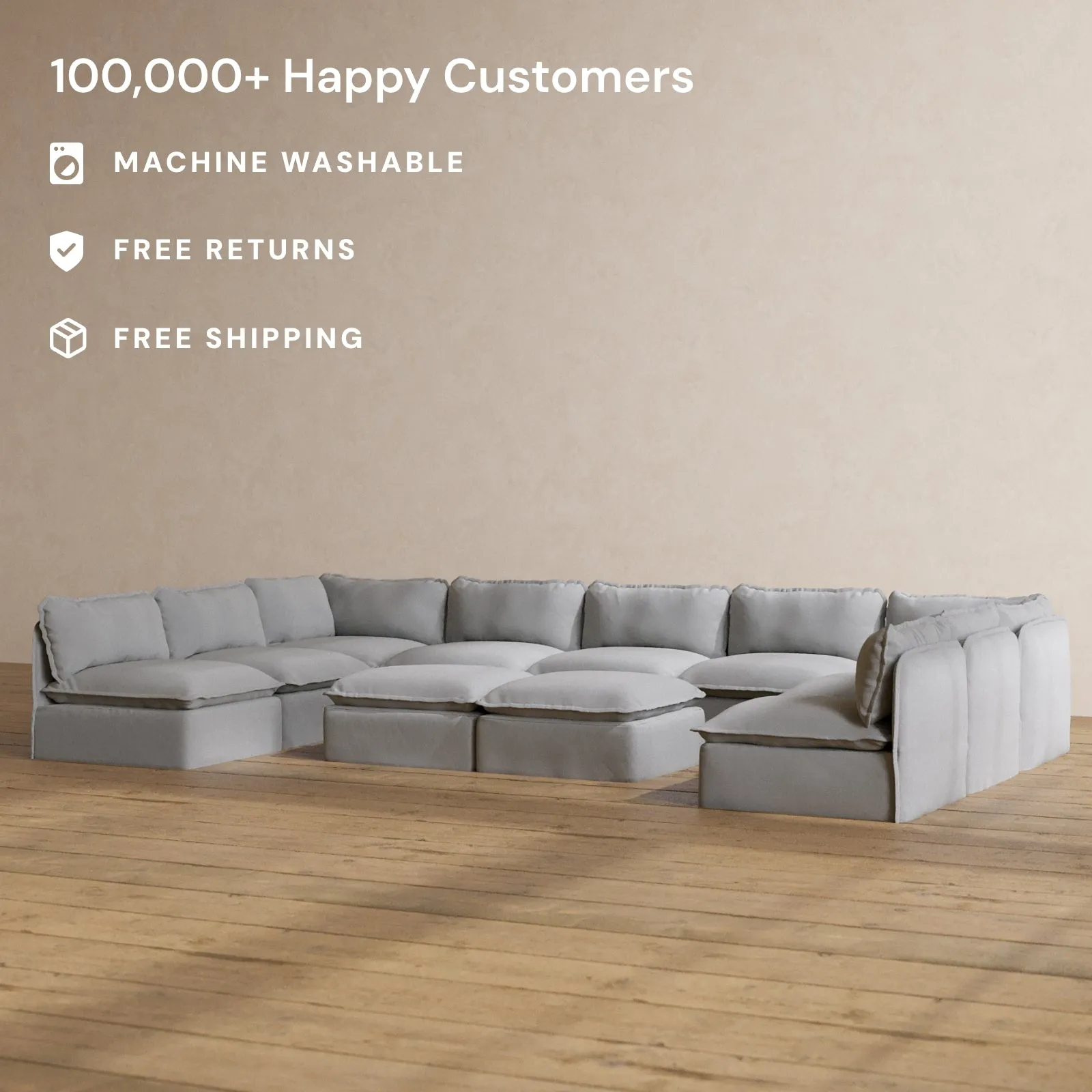 Modular Washable 9-Seater Open-Ends U-Sectional   Bench Ottoman in Pumice | Deluxe  Seat | Contour Pillow