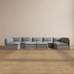 Modular Washable 9-Seater Open-Ends U-Sectional   Bench Ottoman in Pumice | Deluxe  Seat | Contour Pillow