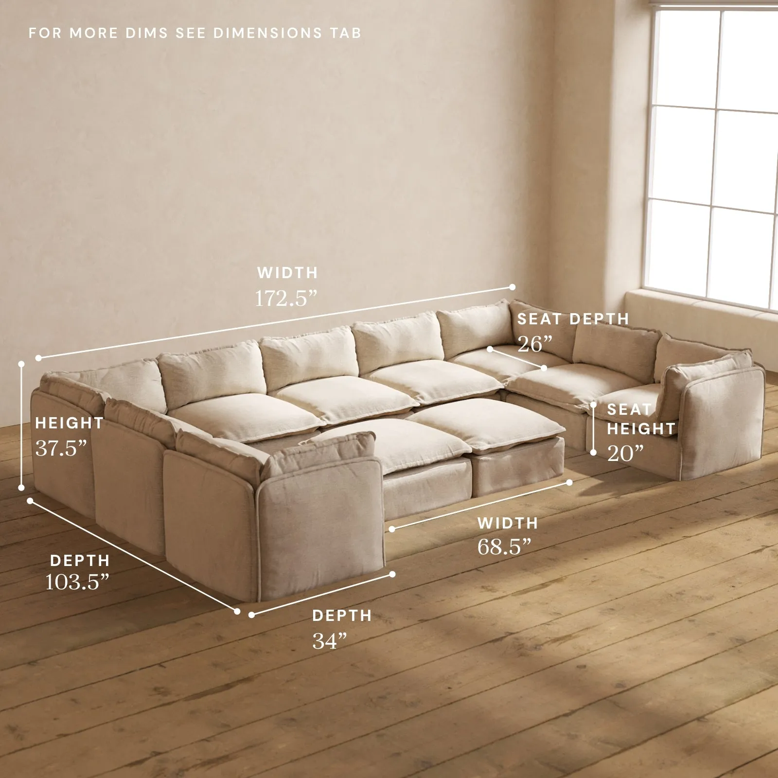 Modular Washable 9-Seater U-Sectional   Bench Ottoman in Oat | Deluxe  Seat | Cloud Pillow