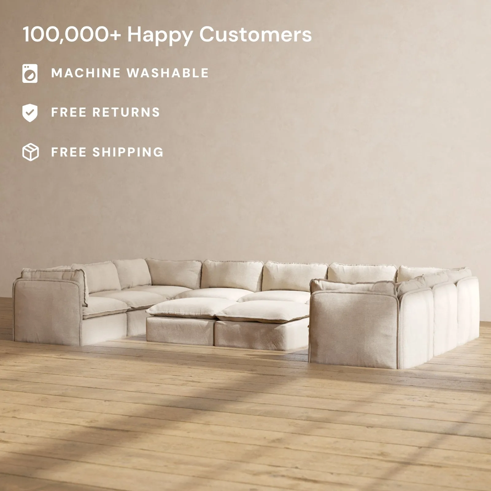 Modular Washable 9-Seater U-Sectional   Bench Ottoman in Oat | Deluxe  Seat | Cloud Pillow
