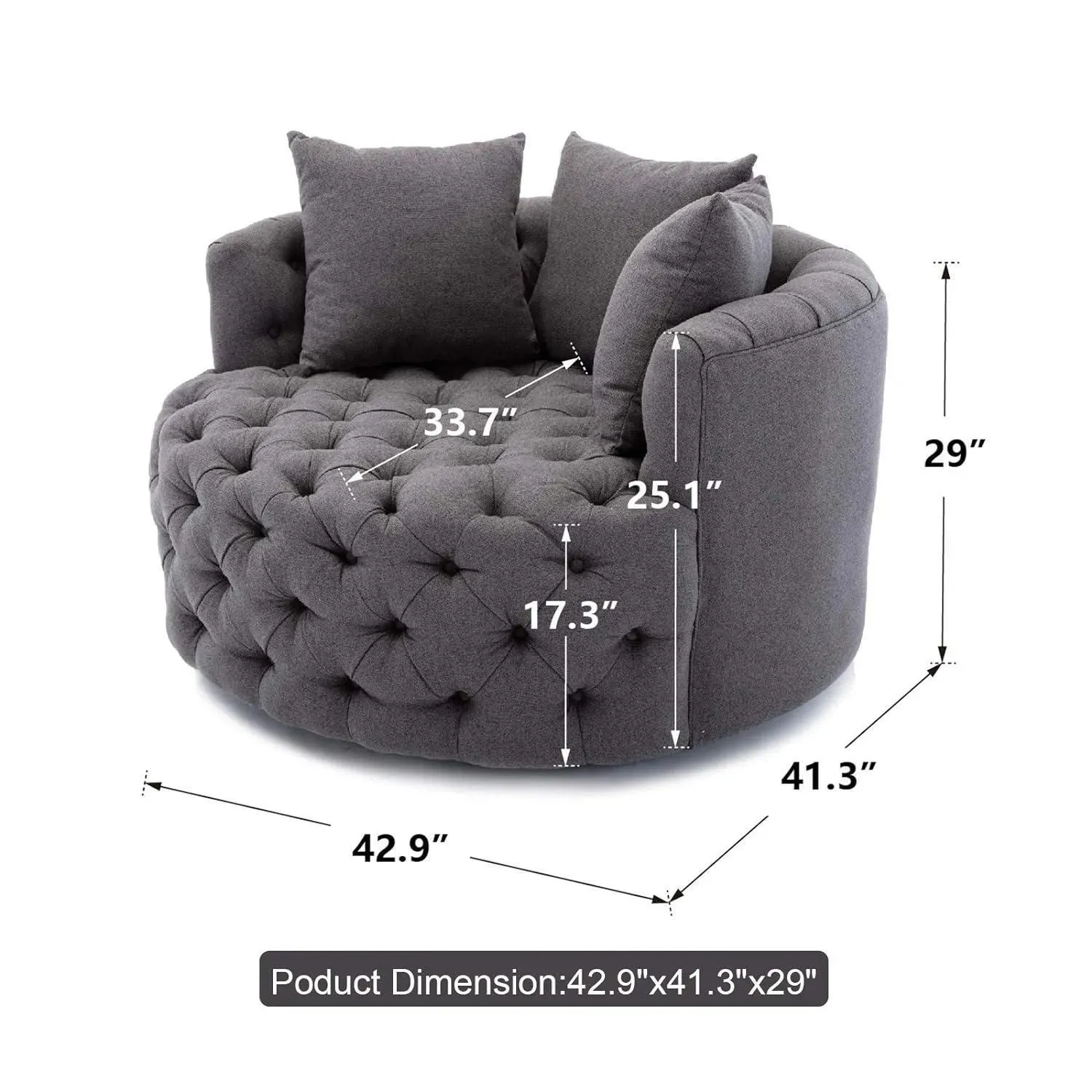 Wooden Twist Barrel Button Tufted Design Modern Round Sofa Cuddle Chair For Living Room with 3 Pillows