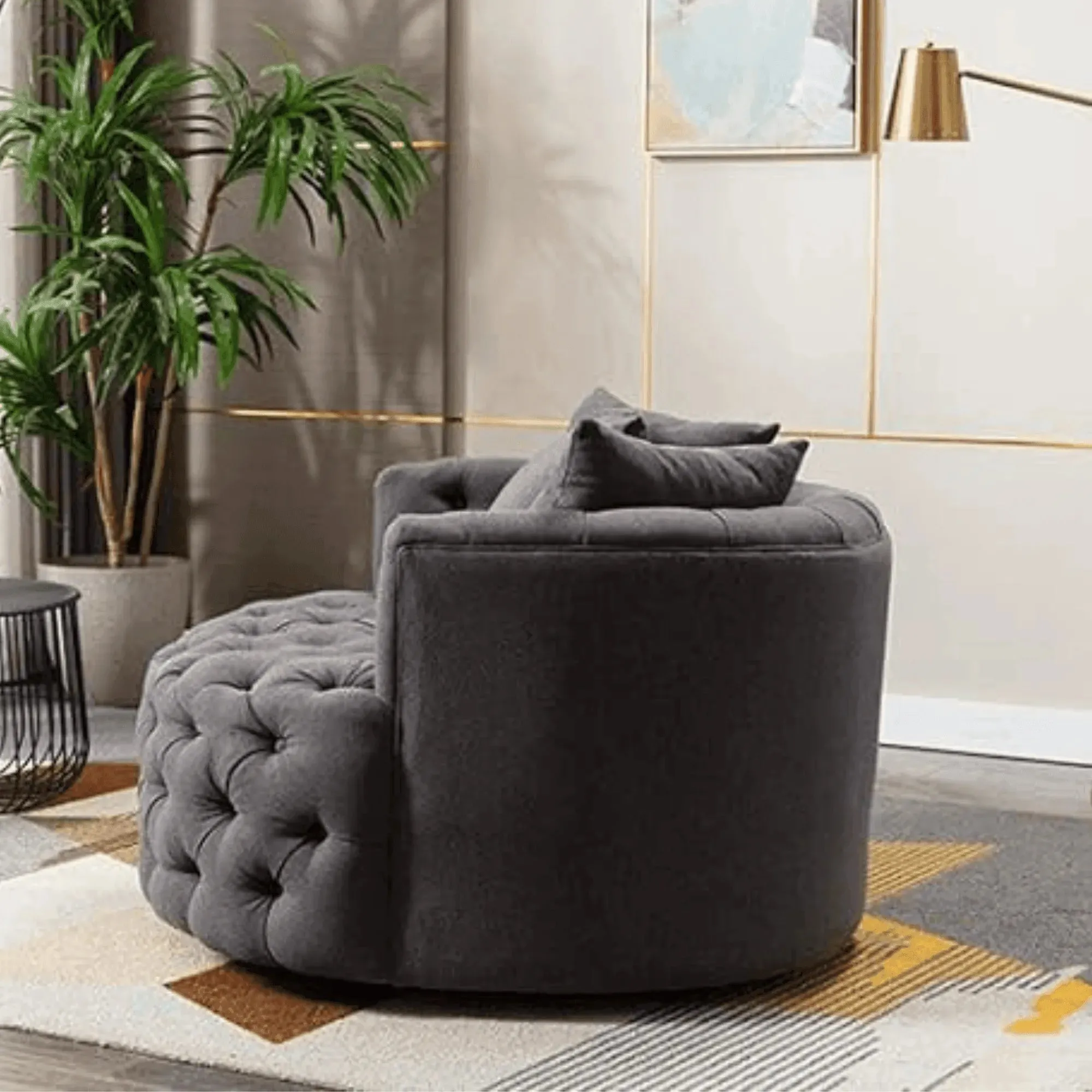 Wooden Twist Barrel Button Tufted Design Modern Round Sofa Cuddle Chair For Living Room with 3 Pillows