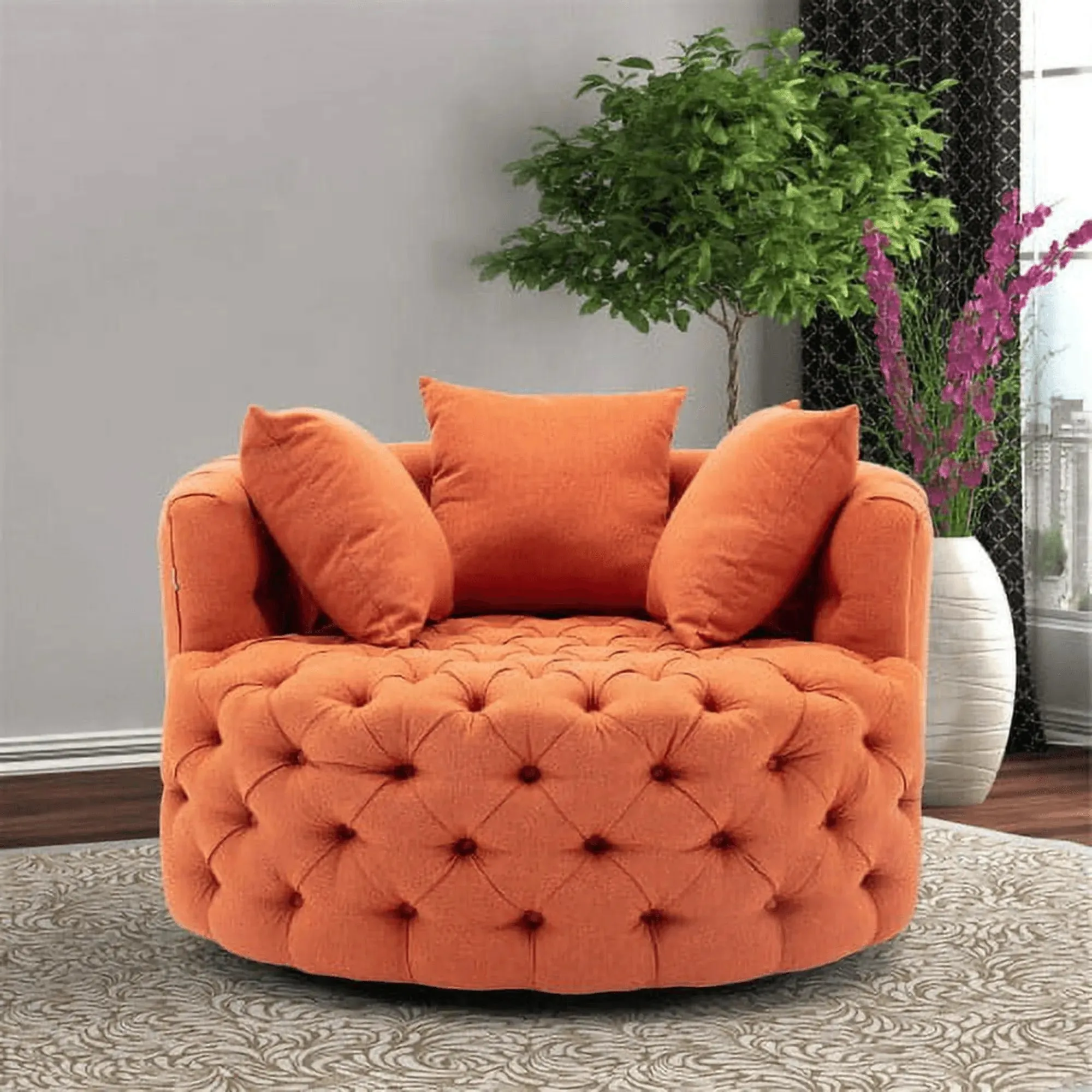 Wooden Twist Barrel Button Tufted Design Modern Round Sofa Cuddle Chair For Living Room with 3 Pillows
