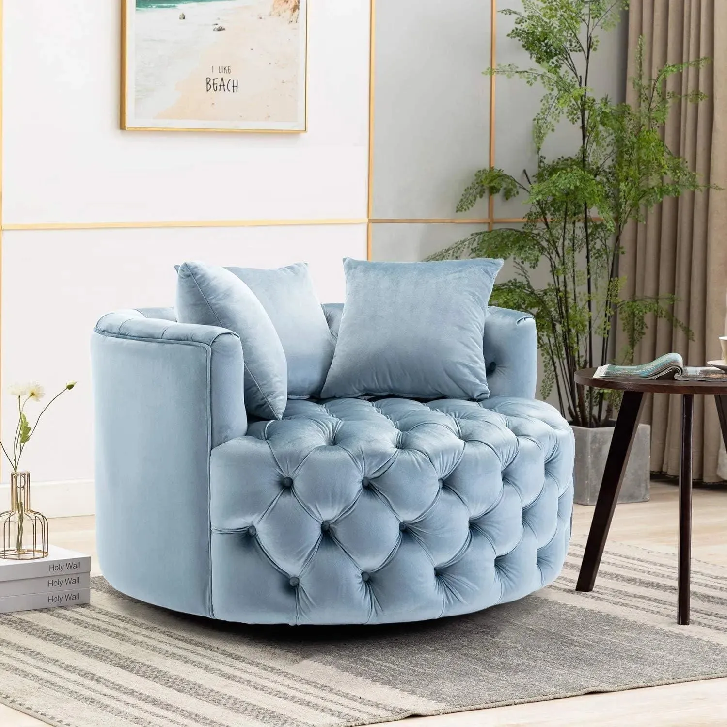 Wooden Twist Barrel Button Tufted Design Modern Round Sofa Cuddle Chair For Living Room with 3 Pillows