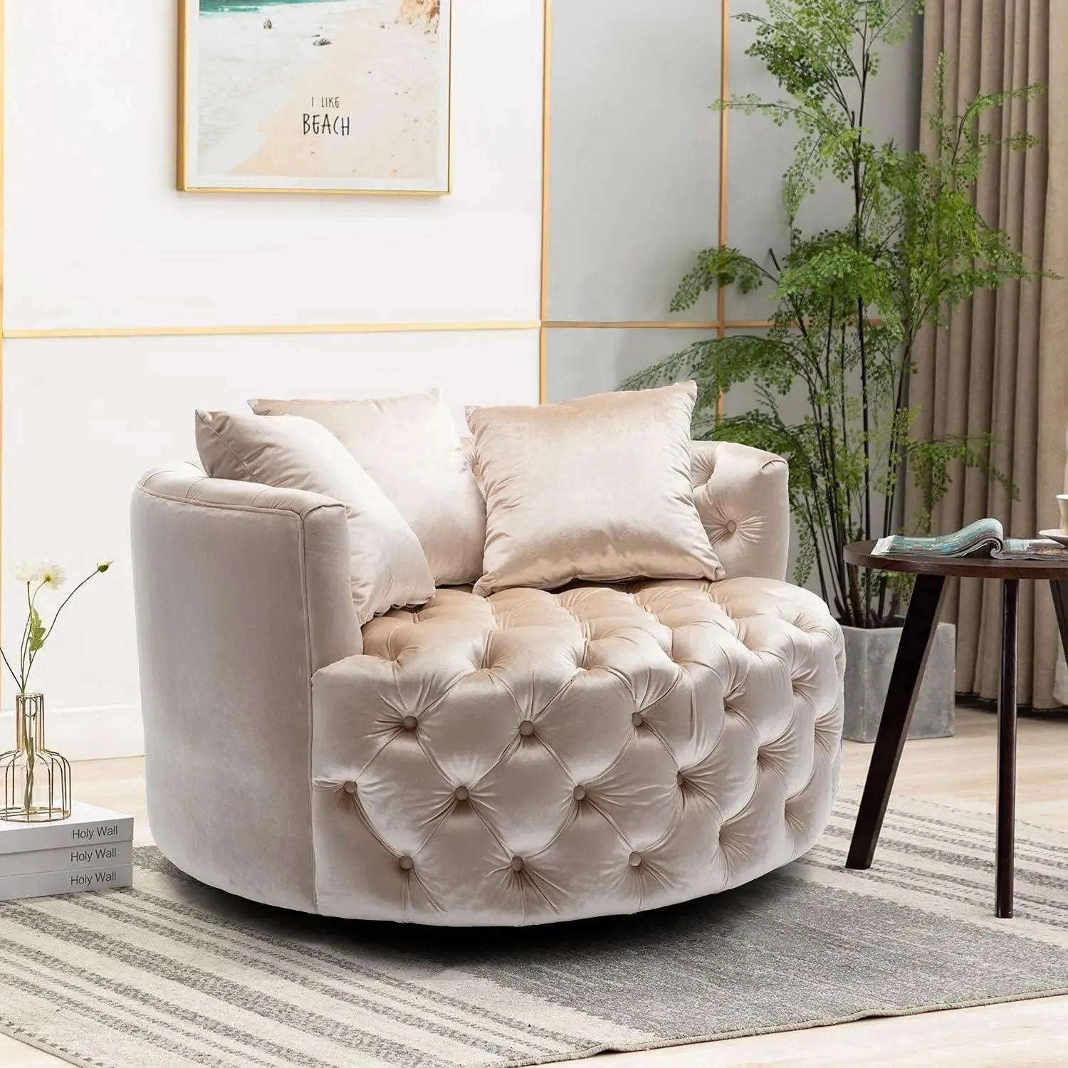 Wooden Twist Barrel Button Tufted Design Modern Round Sofa Cuddle Chair For Living Room with 3 Pillows