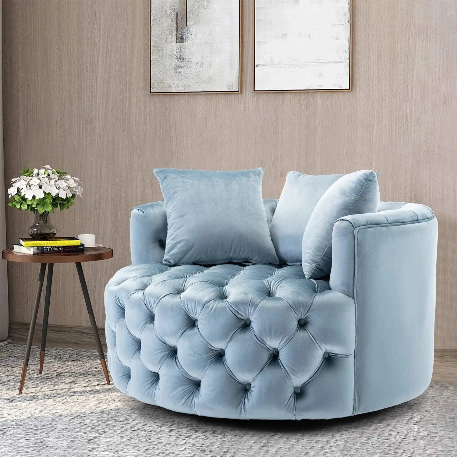 Wooden Twist Barrel Button Tufted Design Modern Round Sofa Cuddle Chair For Living Room with 3 Pillows