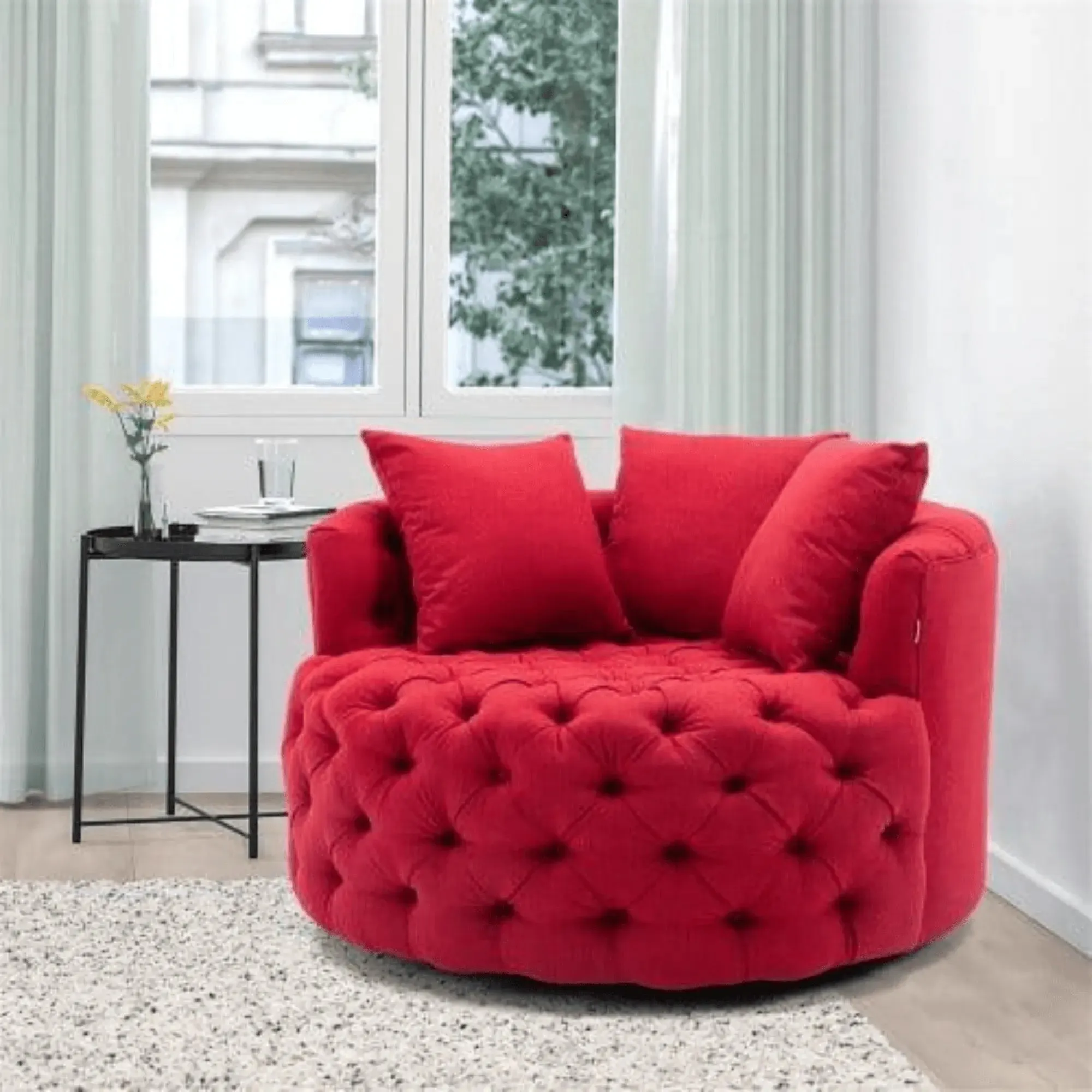 Wooden Twist Barrel Button Tufted Design Modern Round Sofa Cuddle Chair For Living Room with 3 Pillows