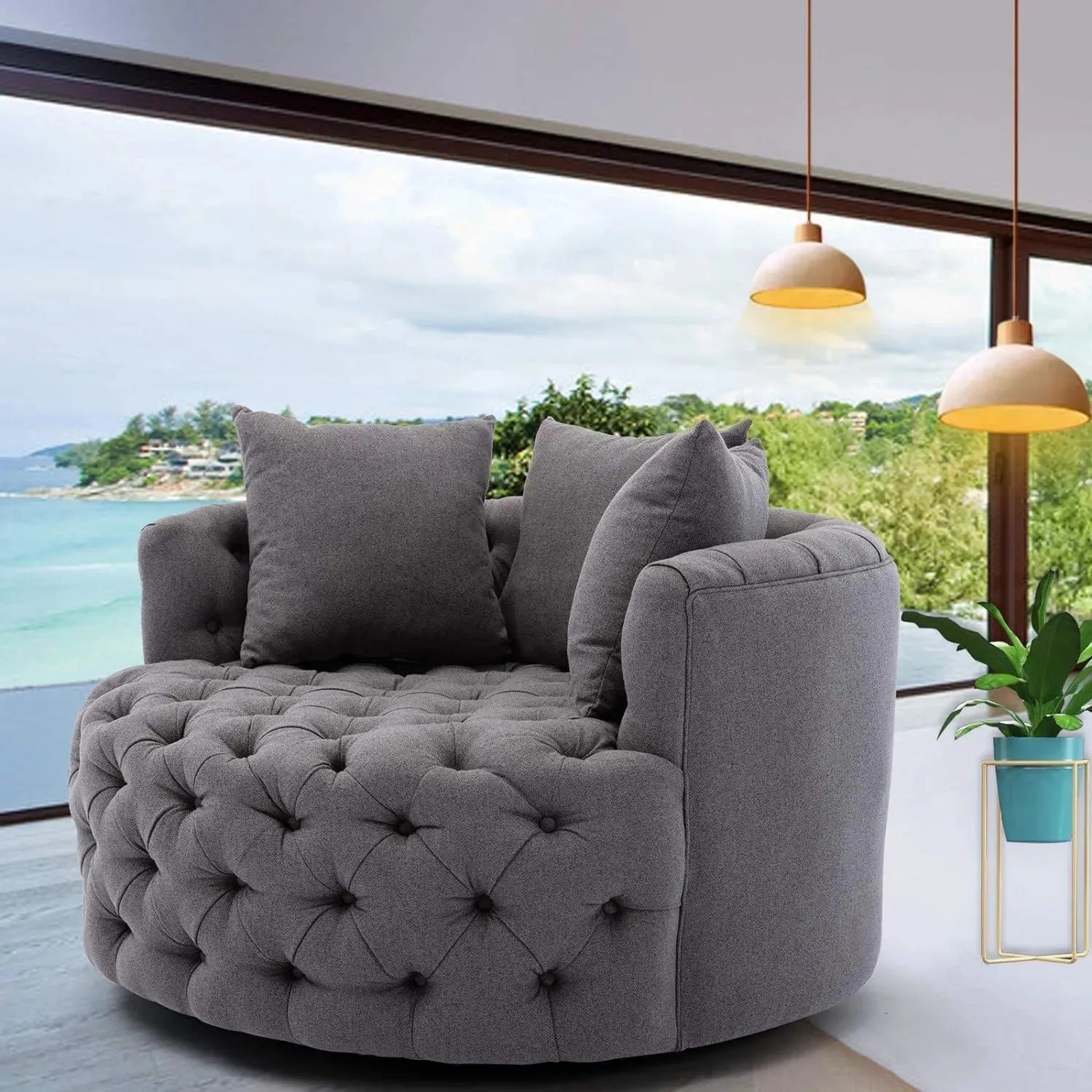 Wooden Twist Barrel Button Tufted Design Modern Round Sofa Cuddle Chair For Living Room with 3 Pillows