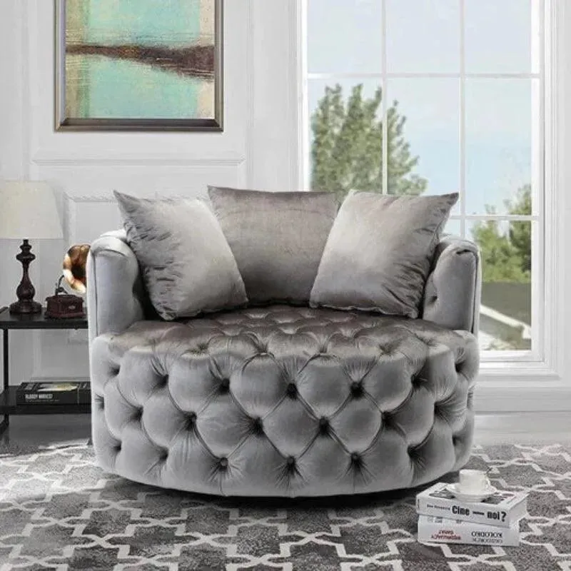 Wooden Twist Barrel Button Tufted Design Modern Round Sofa Cuddle Chair For Living Room with 3 Pillows