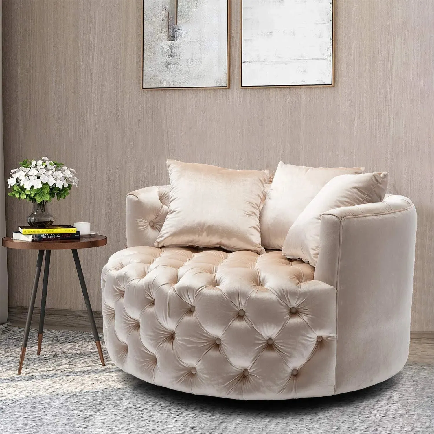 Wooden Twist Barrel Button Tufted Design Modern Round Sofa Cuddle Chair For Living Room with 3 Pillows